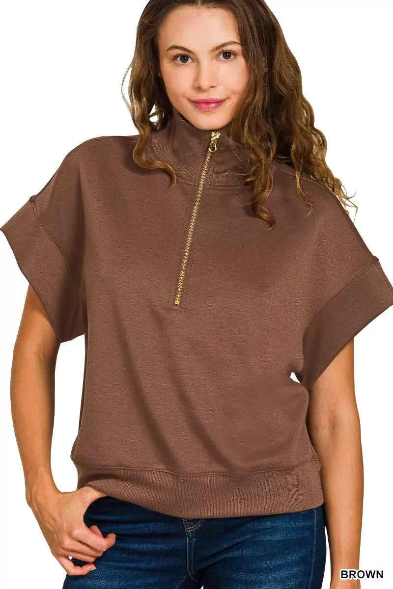Zenana Full Size Scuba High Neck Half Zip Short Sleeve Top Plus Size BROWN 36c8f2672234470dbecb605237ad53c8-Max-Origin