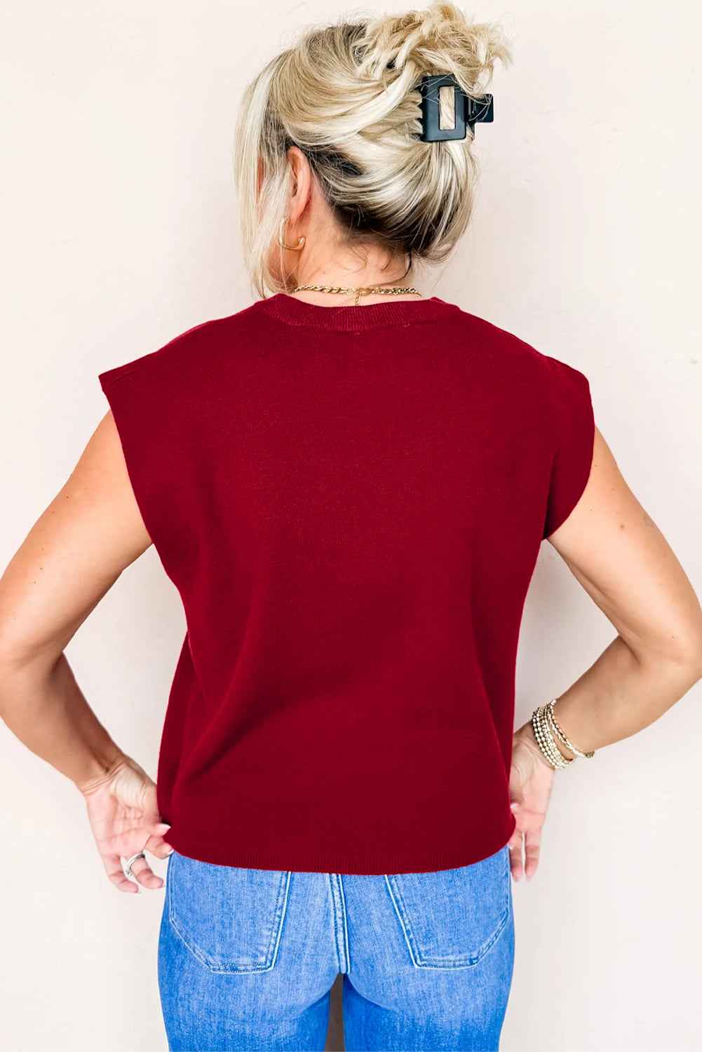 Racing Red Solid Color Knit Cap Sleeve Sweater 37f108900a79b8c0