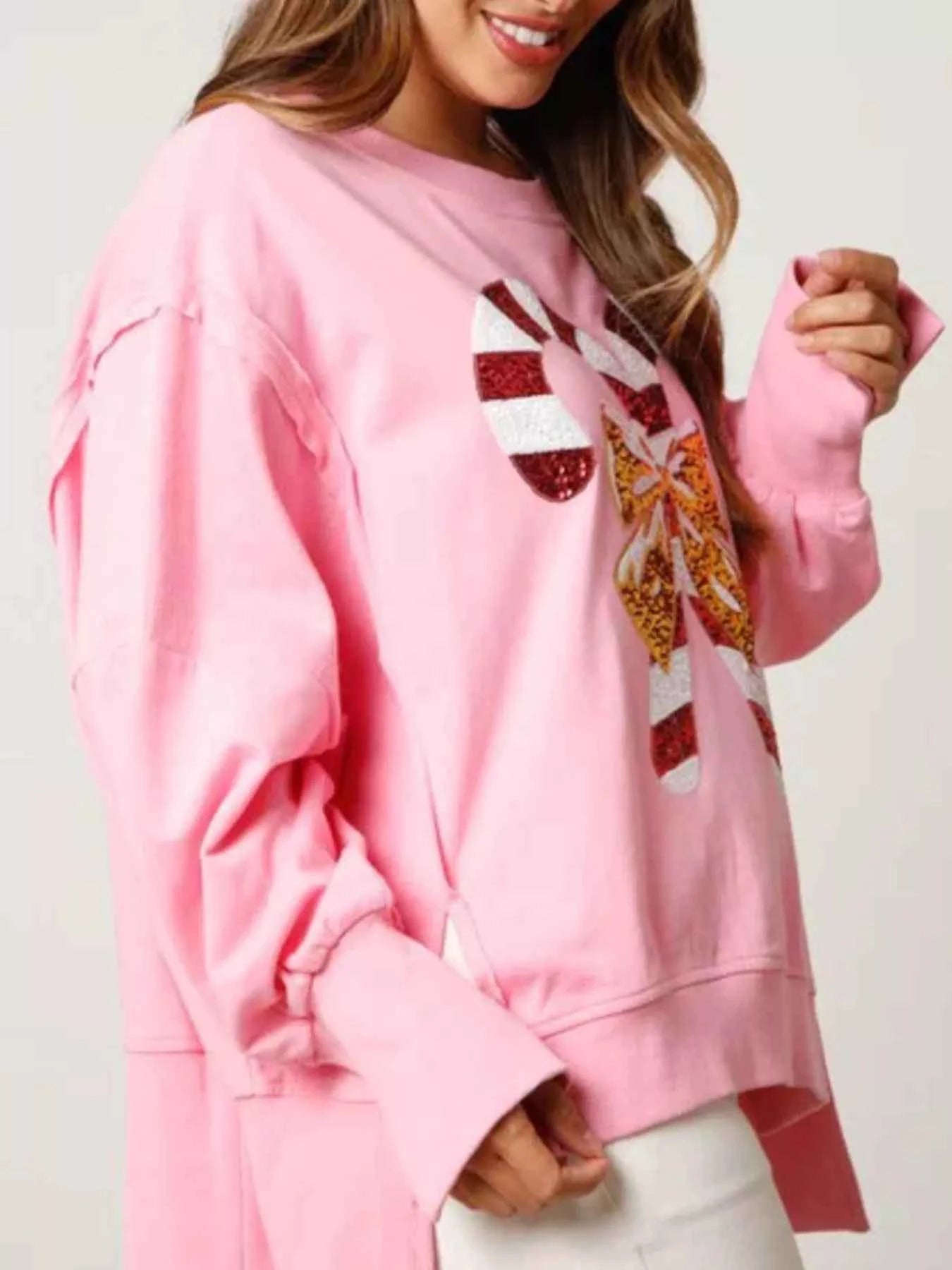 Christmas Candy Cane Bow Dropped Shoulder Sweatshirt 382e5b4a-77d0-4bb2-9918-2ded1708ba90-Max-Origin