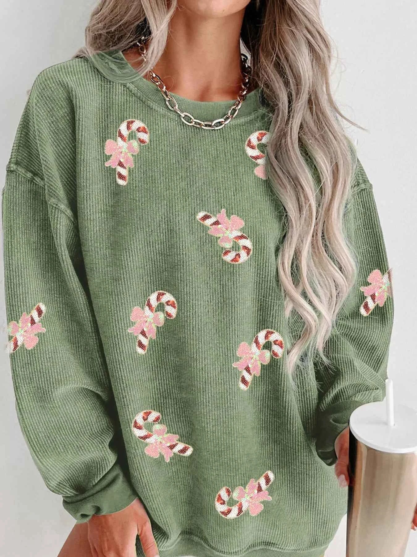 Christmas Sequin Candy Cane Patched Corded Ribbed Baggy Sweatshirt 38941ab59b374c4bb453d5ae69601350-Max-Origin