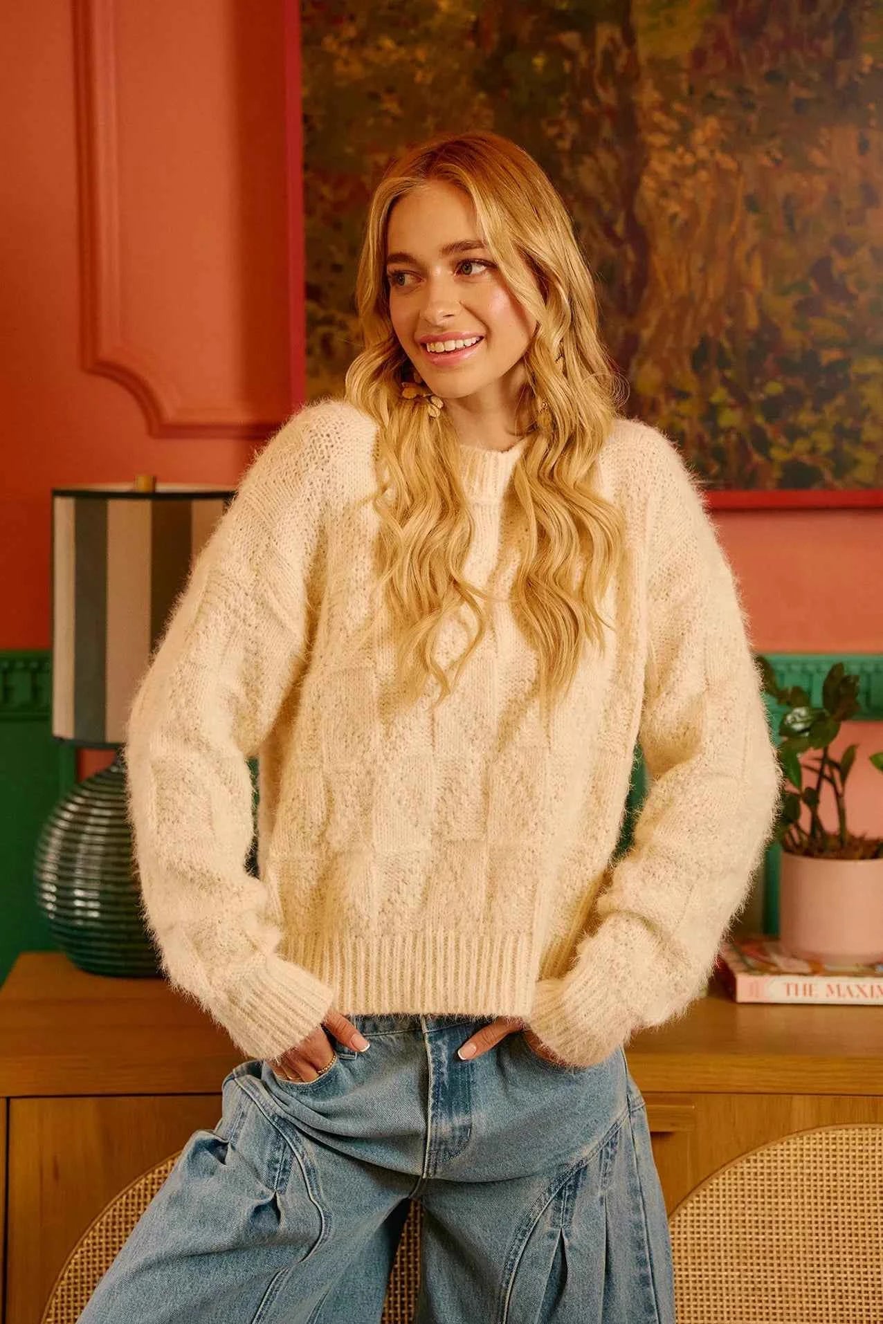 BiBi Checker Board Drop Shoulder Sweater