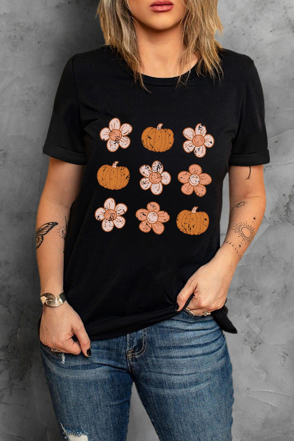 Black Pumpkin Flower Print Short Sleeve Graphic T Shirt 38cff86db5980fe7