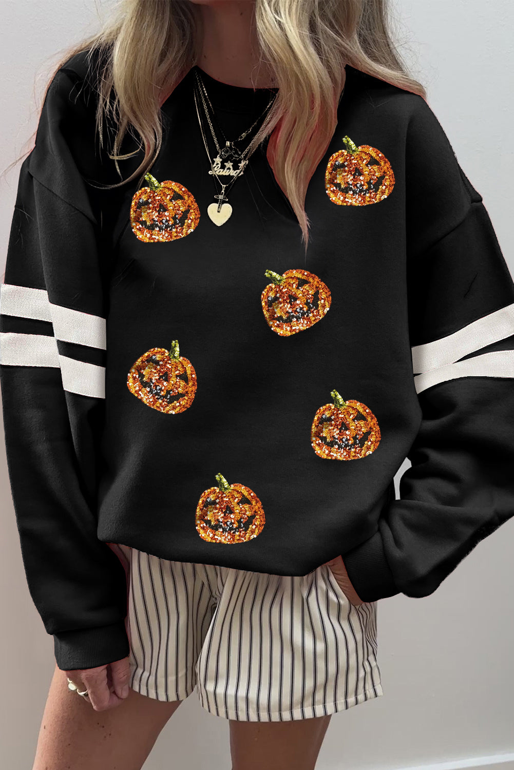 Black Halloween Pumpkin Sequin Patched Oversize Varsity Sweatshirt 38e98615586bbaef