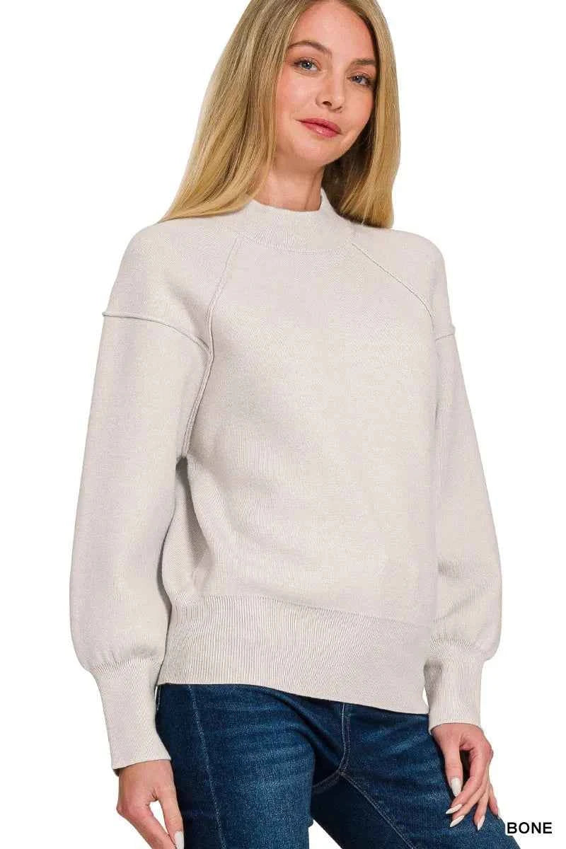 Zenana Viscose Mock Neck Exposed Seam Sweater