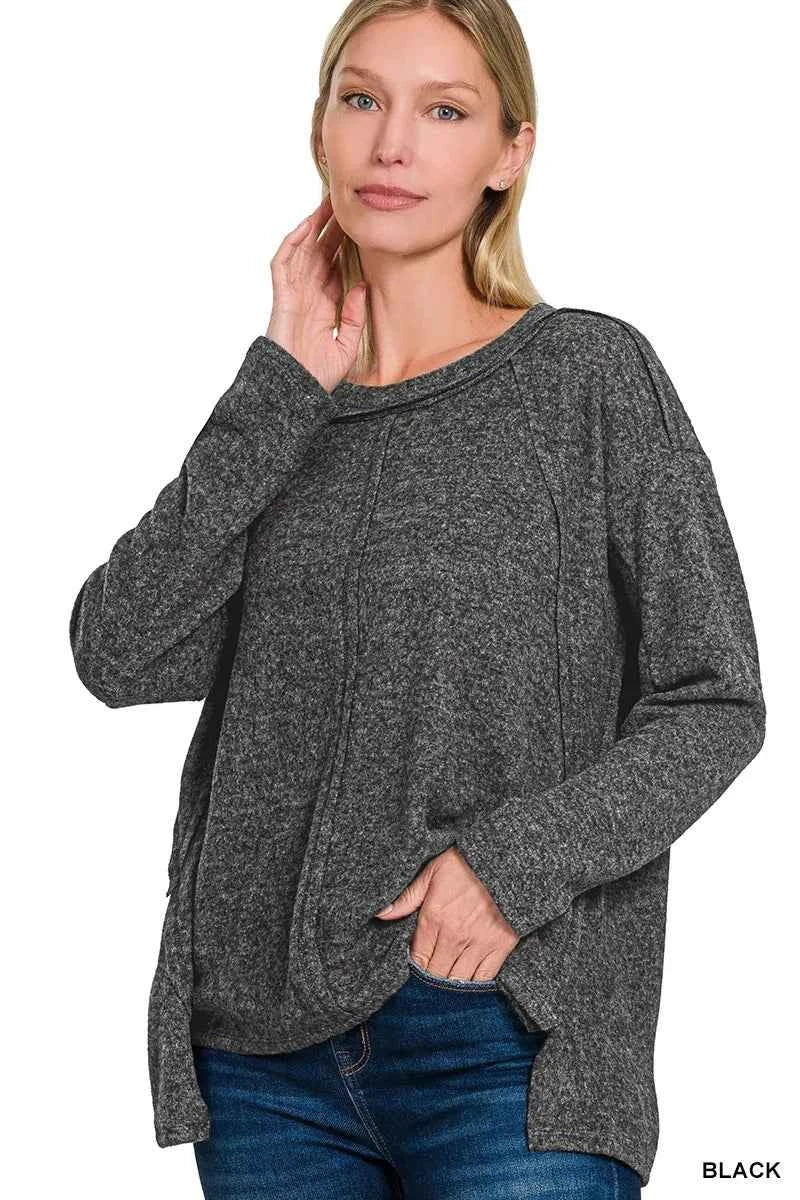 Zenana Full Size Brushed Hacci Exposed Seam Hi Low Sweater Plus Size BLACK 39a024f3363c4b4a85cc4e00d19b8078-Max-Origin