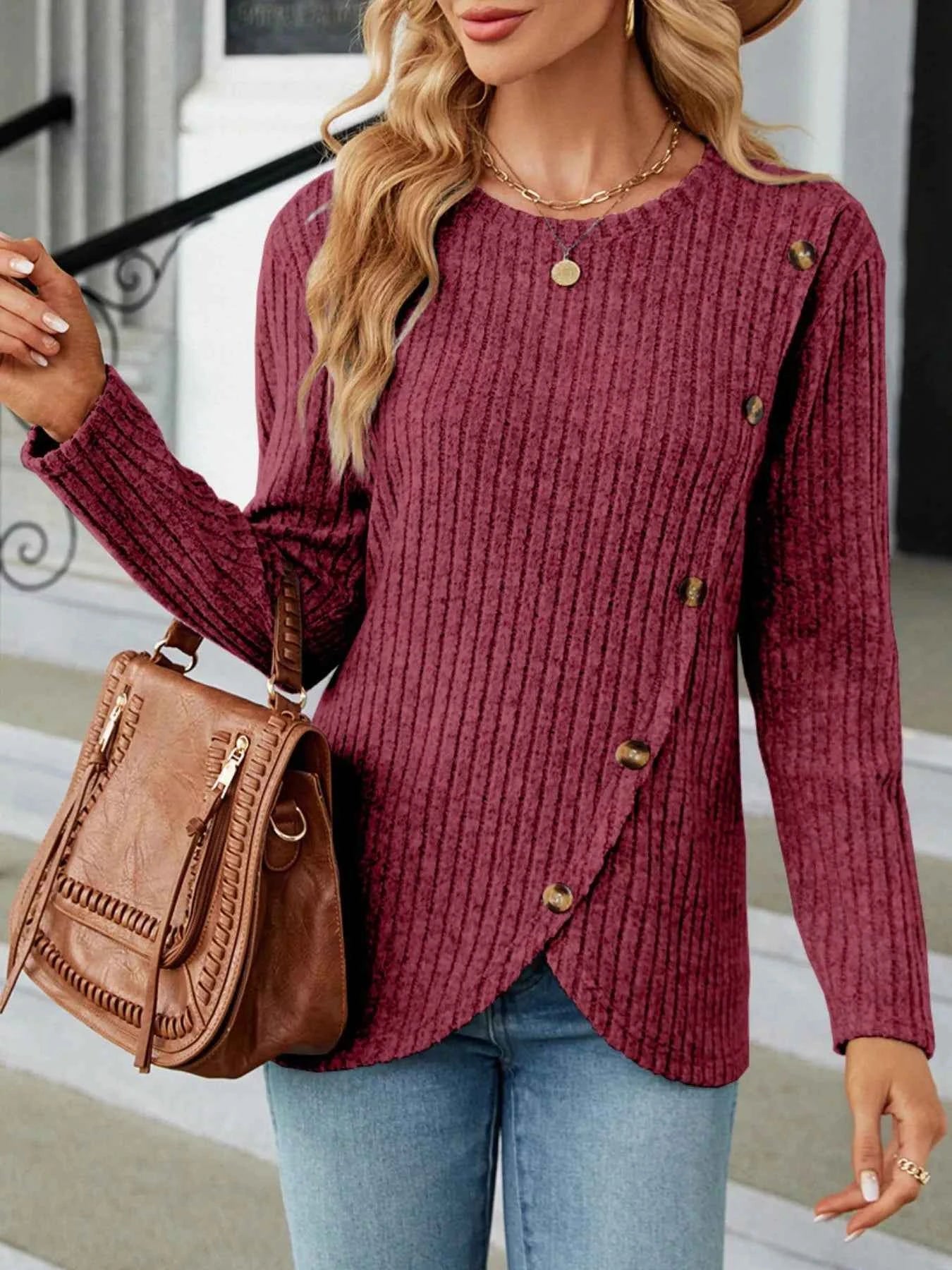 Ribbed Knit Decor Button T-Shirt Deep Purple 3a47c202-80e0-4b98-b3d6-eec0f9ee18b2-Max-Origin
