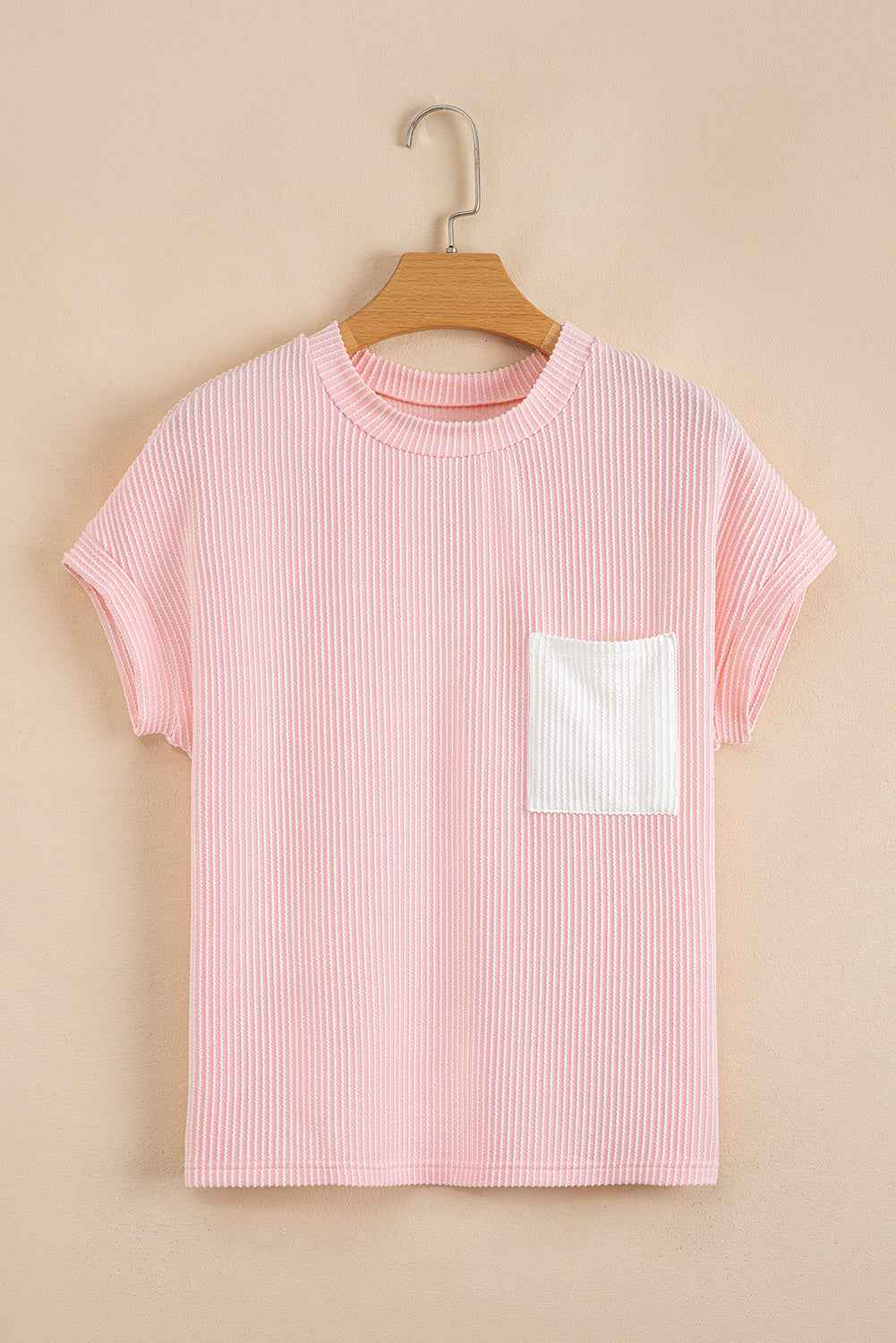 Pink Corded Colorblock Pocket Crew Neck T Shirt 3a4fe2ebedcf7acb