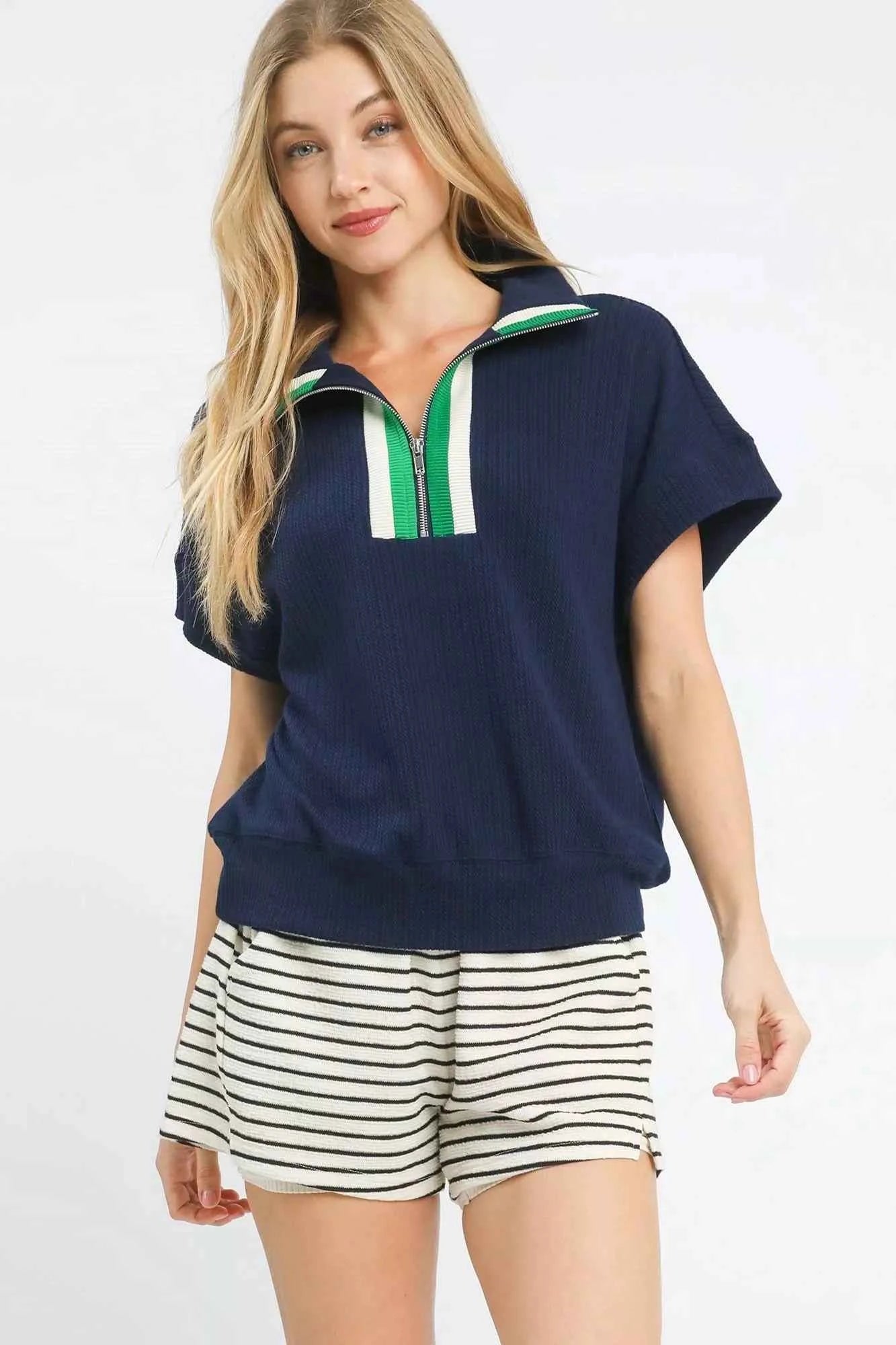 Umgee Textured Striped Zip Collar Knit Top