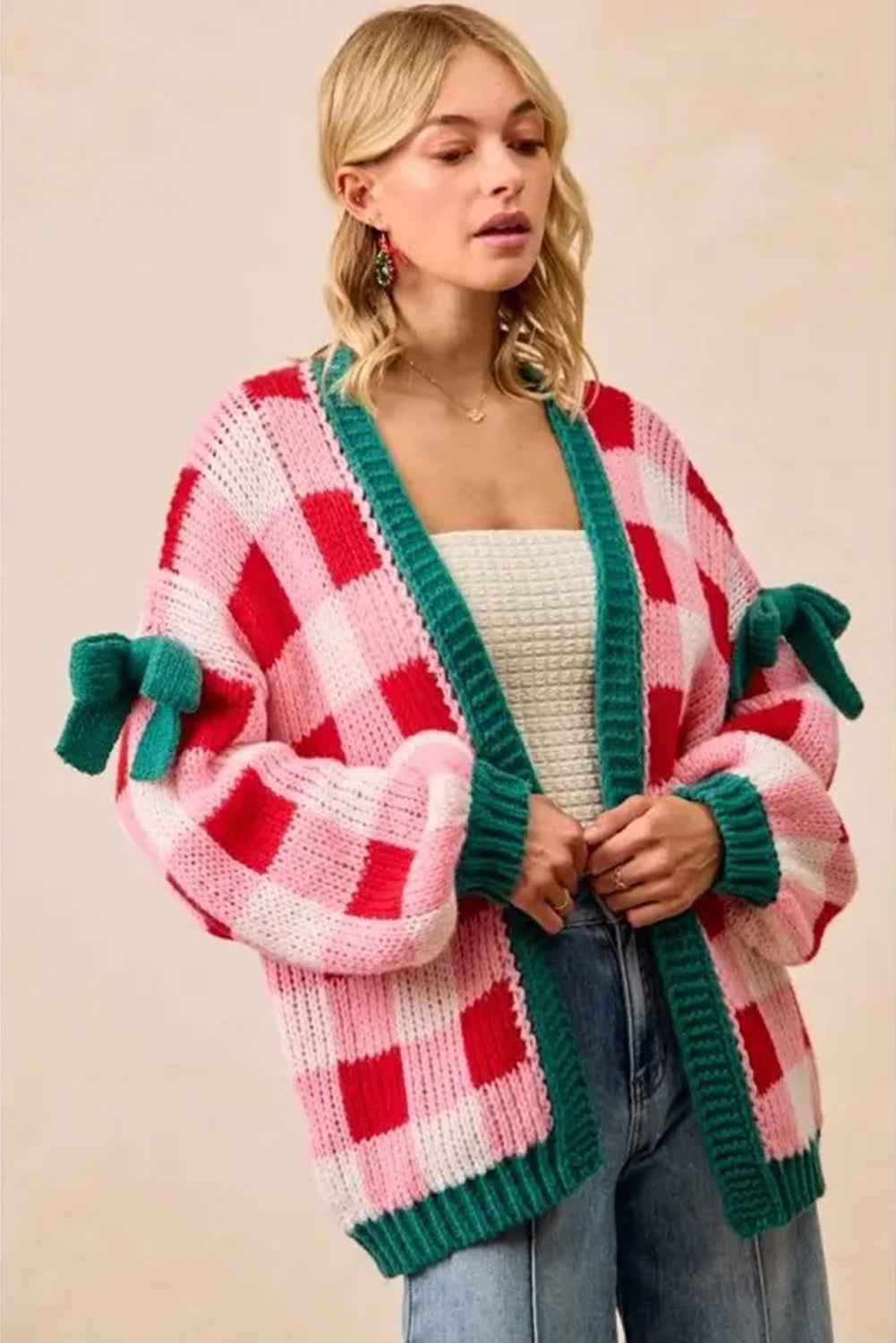 Pink Colorblock Checkered Open Front Knit Cardigan 3a7596be508ce046