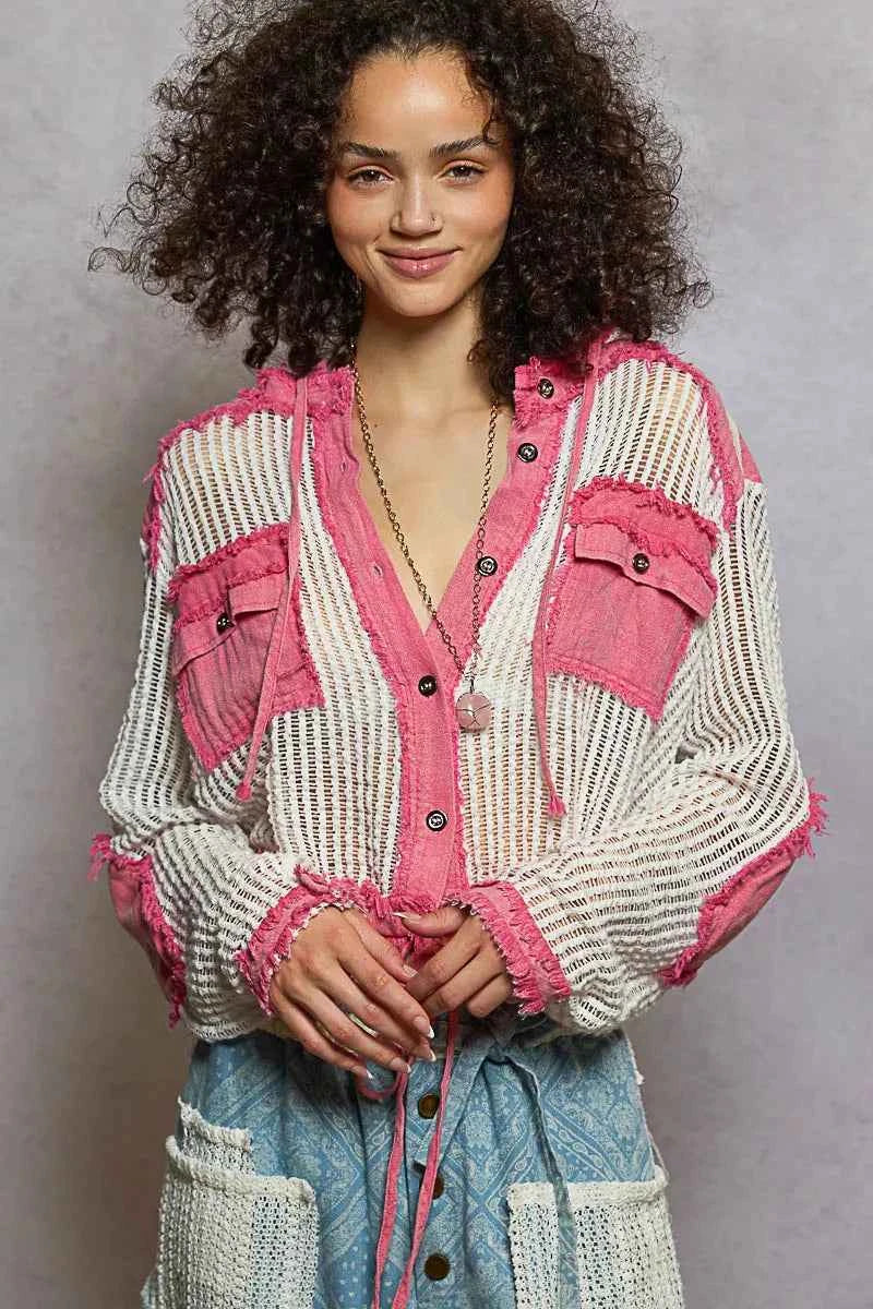 POL Texture Woven Button Down Hooded Shirt with Drawstring Hem PINK MULTI 3aa04e68-0b7a-49d4-8ba6-d14b6c83f0f1-Max-Origin