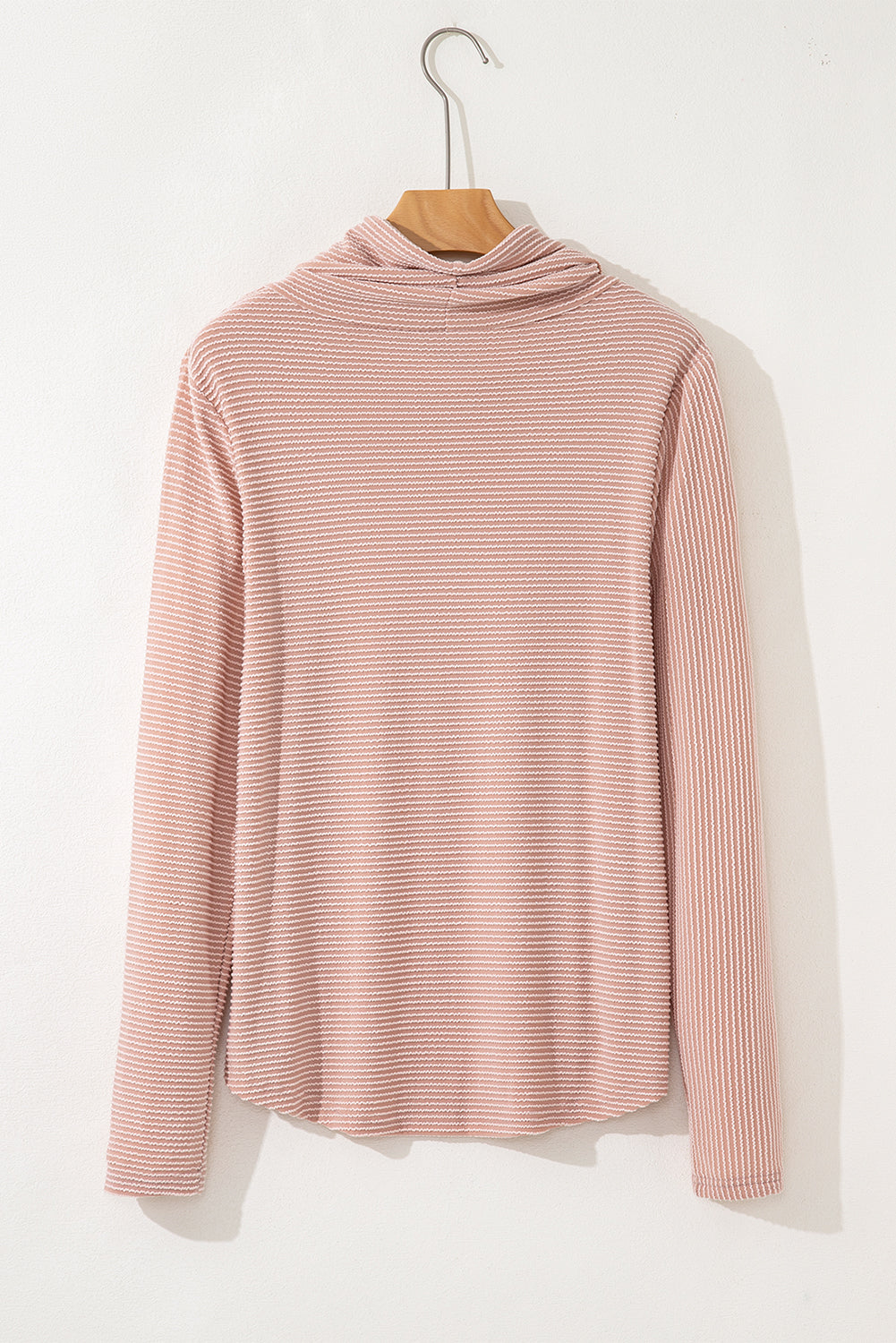 Apricot Pink Horizontal Twist Ribbed Drawstring Cowl Neck Knit Top 3b53ba0afb6928ba