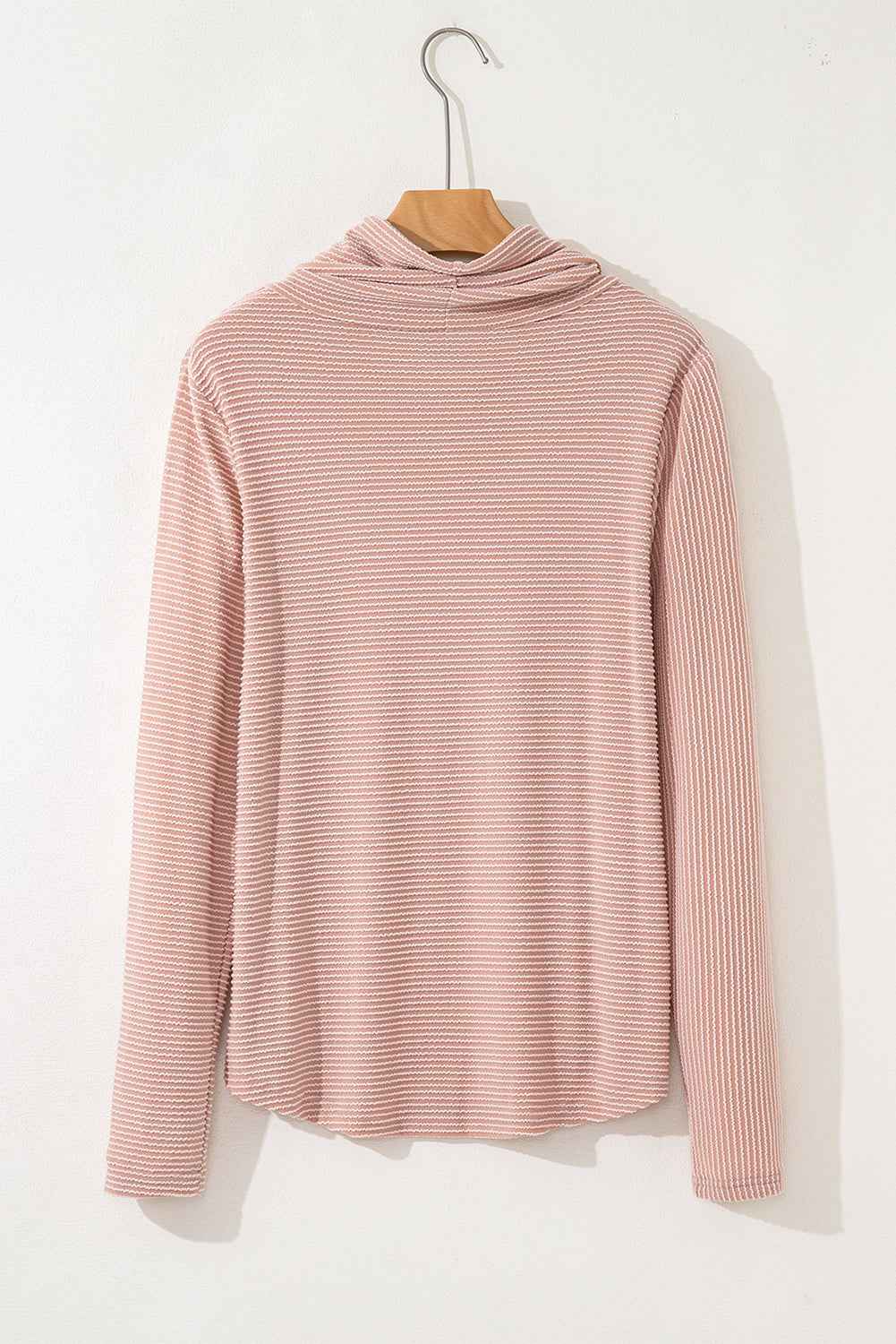 Apricot Pink Horizontal Twist Ribbed Drawstring Cowl Neck Knit Top