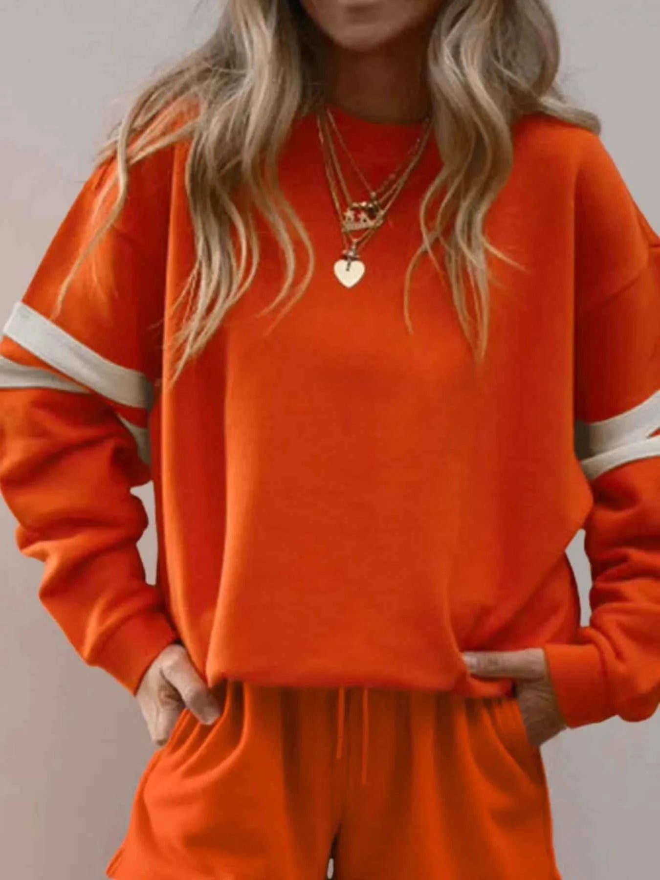 Stripe Round Neck Sweatshirt and Shorts Set Orange 3c86cd92-0ea6-4a81-88b6-aa49d8bbdbe2-Max-Origin