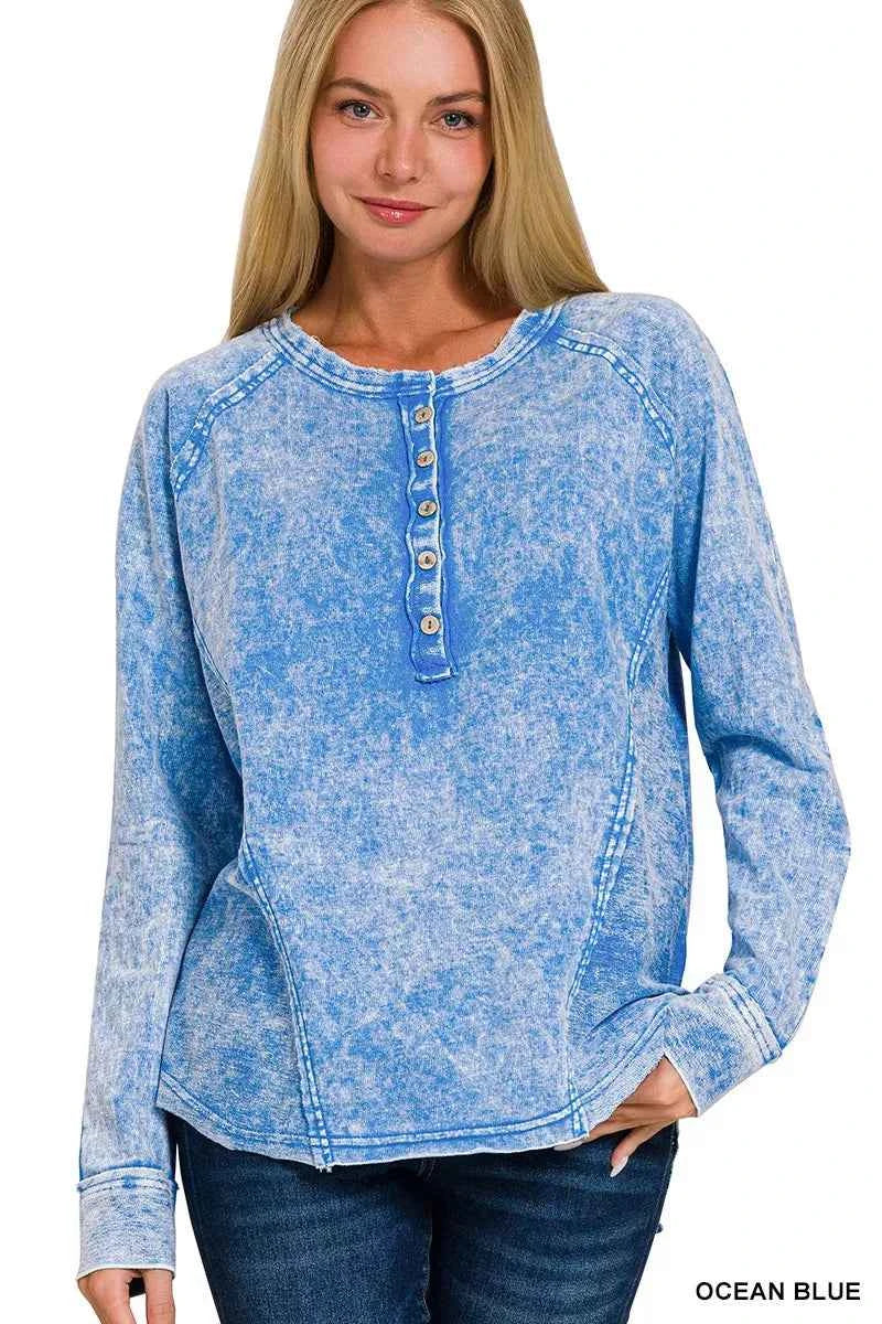 Zenana Washed French Terry Half Button Top OCEAN BLUE 3cc284edbaf74255b624926f03049516-Max-Origin