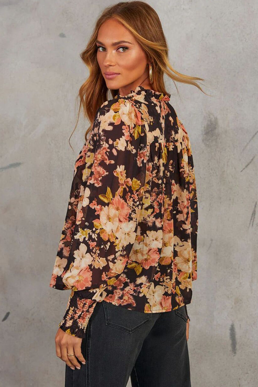 Black Floral V Neck Long Puff Sleeve Breezy Blouse 3e1ae4d08bf91f44