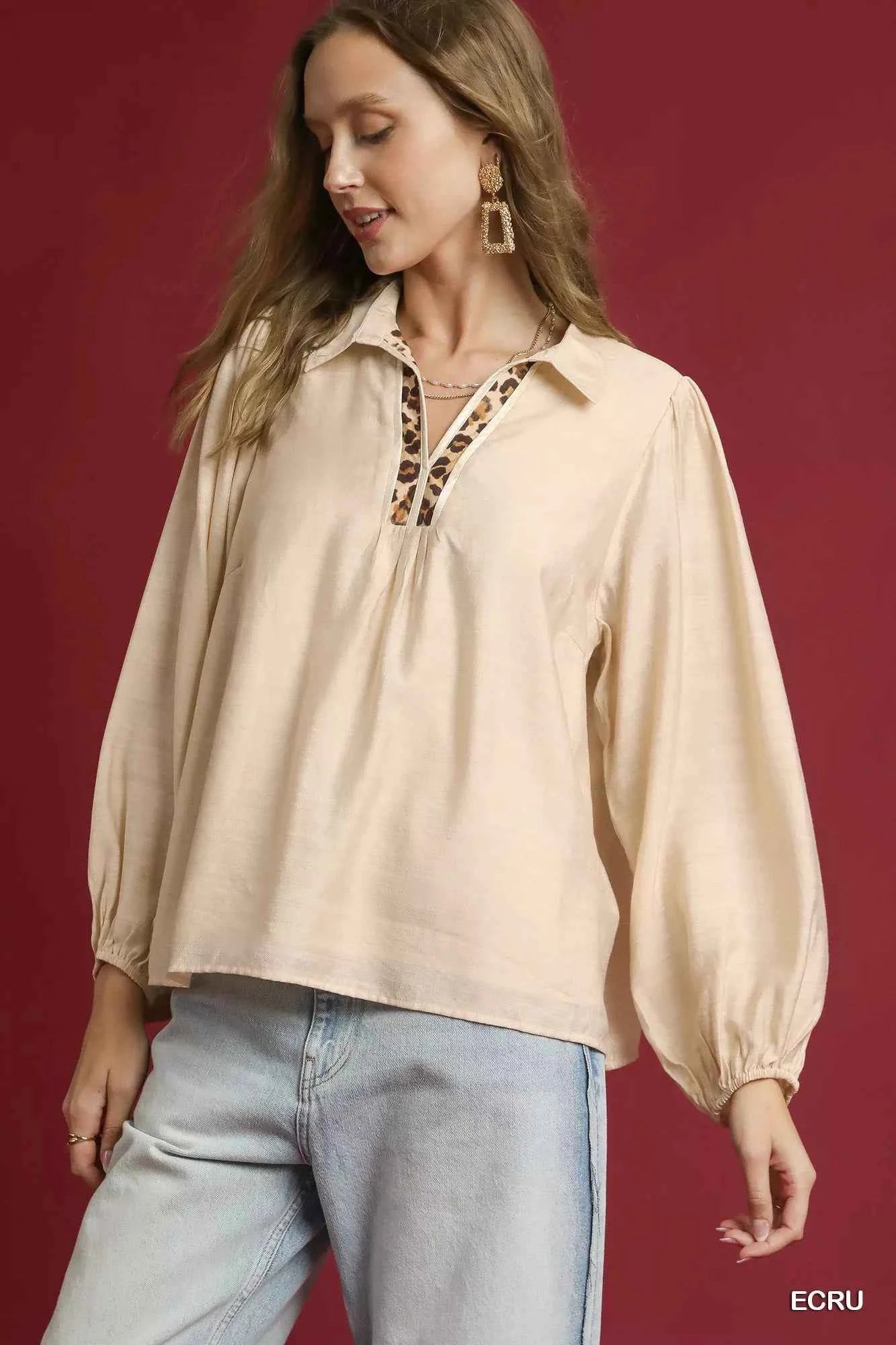 Umgee Long Sleeve Blouse with Leopard Print Trim ECRU 3f53d429-98f9-4e62-b782-5942ac9c22a7-Max-Origin