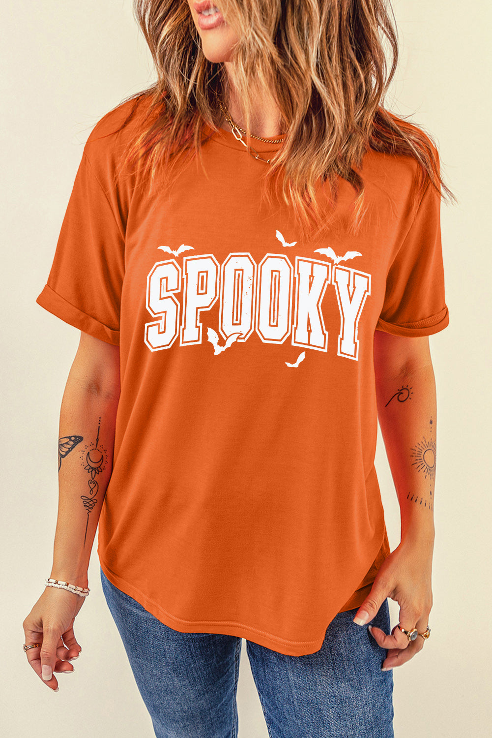 Orange SPOOKY Heat Transfer Printing Crewneck Halloween T Shirt 3f88099cd330ebed