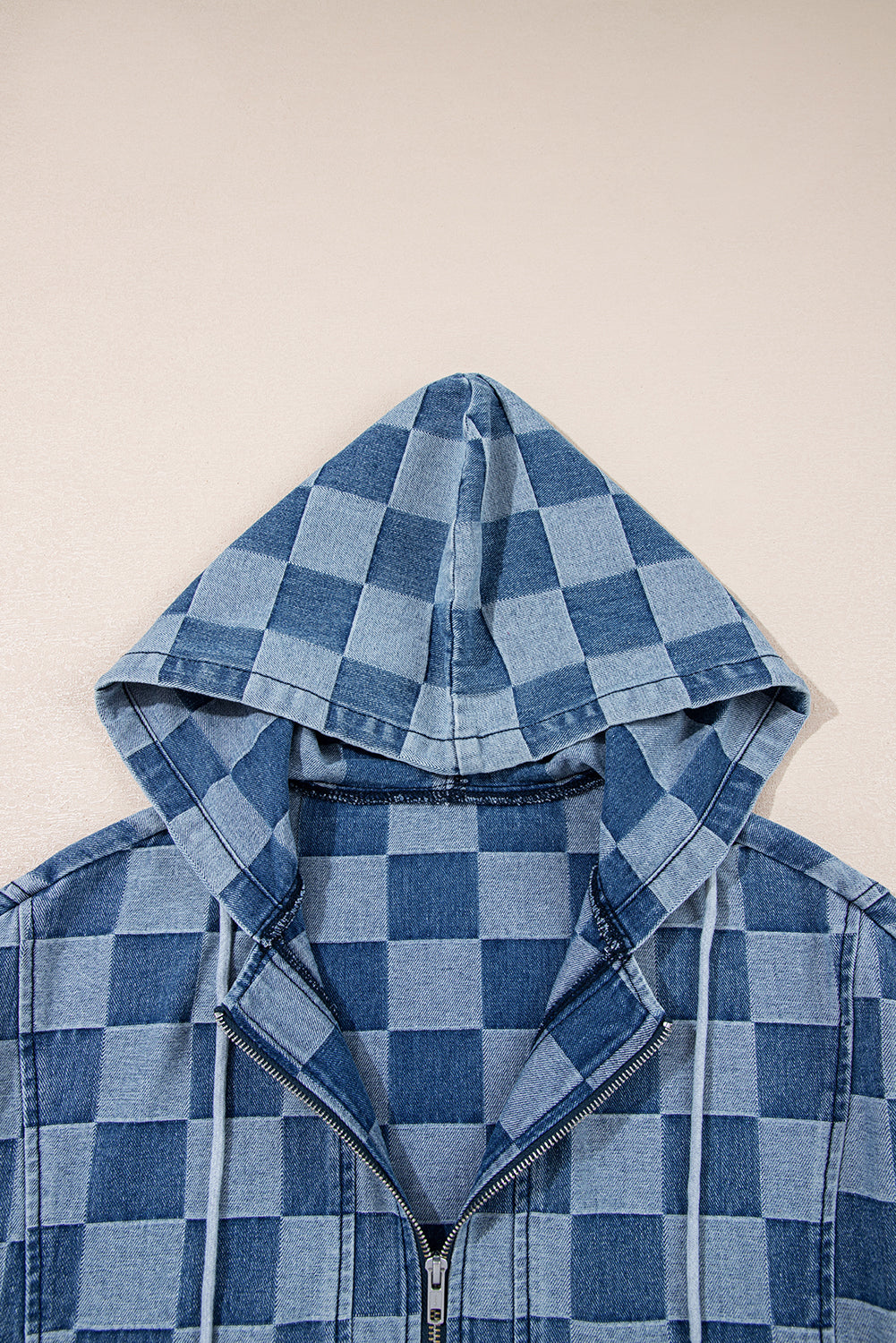Sky Blue Checkerboard Zipped Collar Kangaroo Pocket Denim Hoodie 40af2632d5269f5d