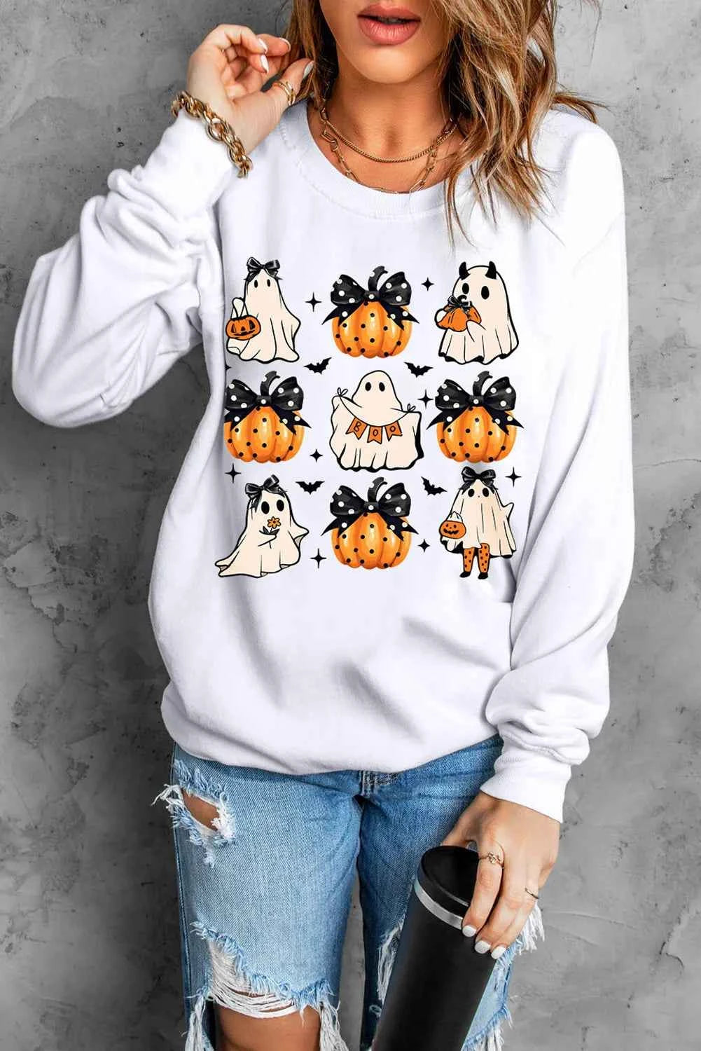Pumpkin & Ghost Round Neck Long Sleeve Sweatshirt 4194c94d-bd0b-44de-86d4-0671d7793017-Max
