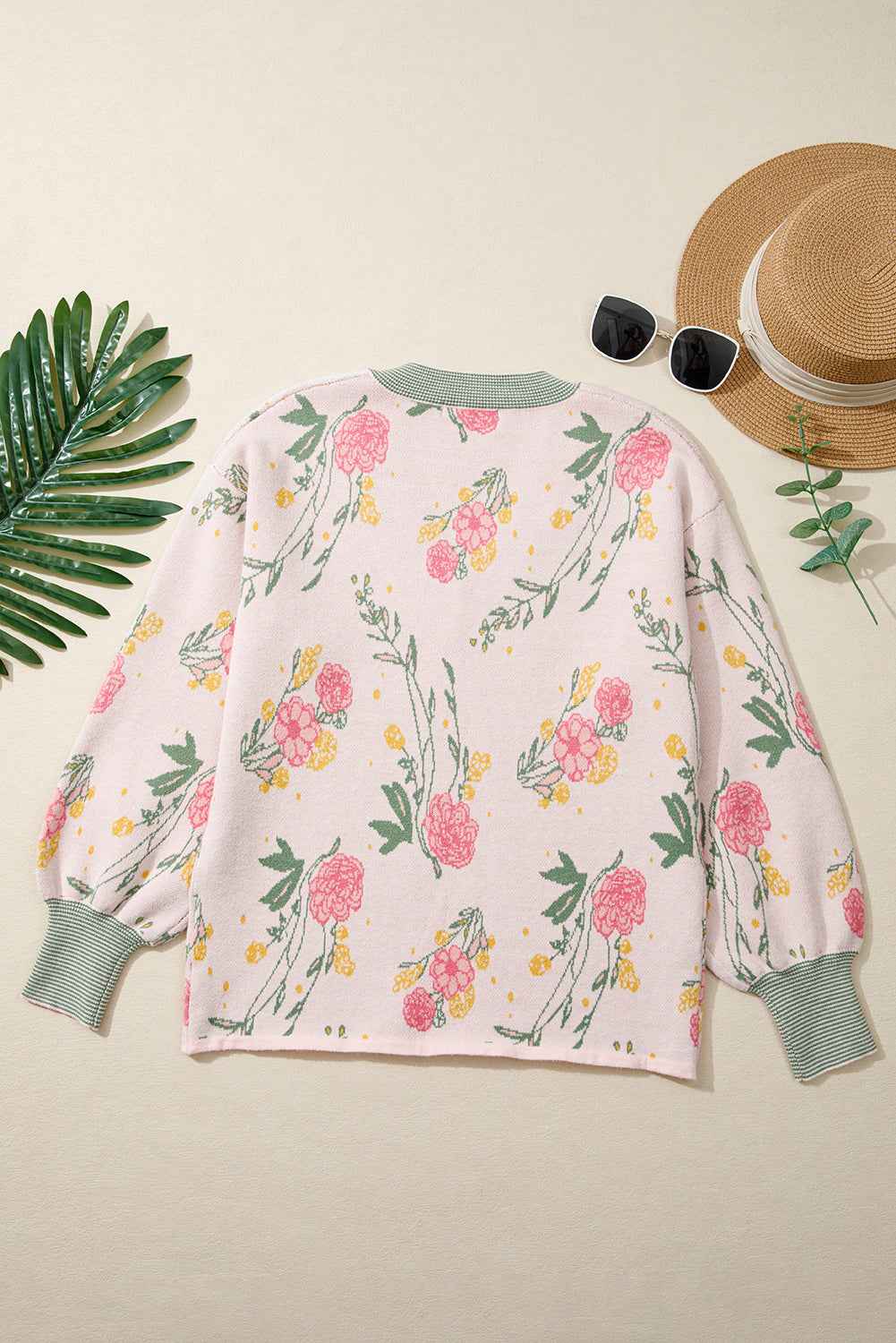 Pink Floral Striped Colorblock V Neck Loose Sweater 41f11814d8311e40