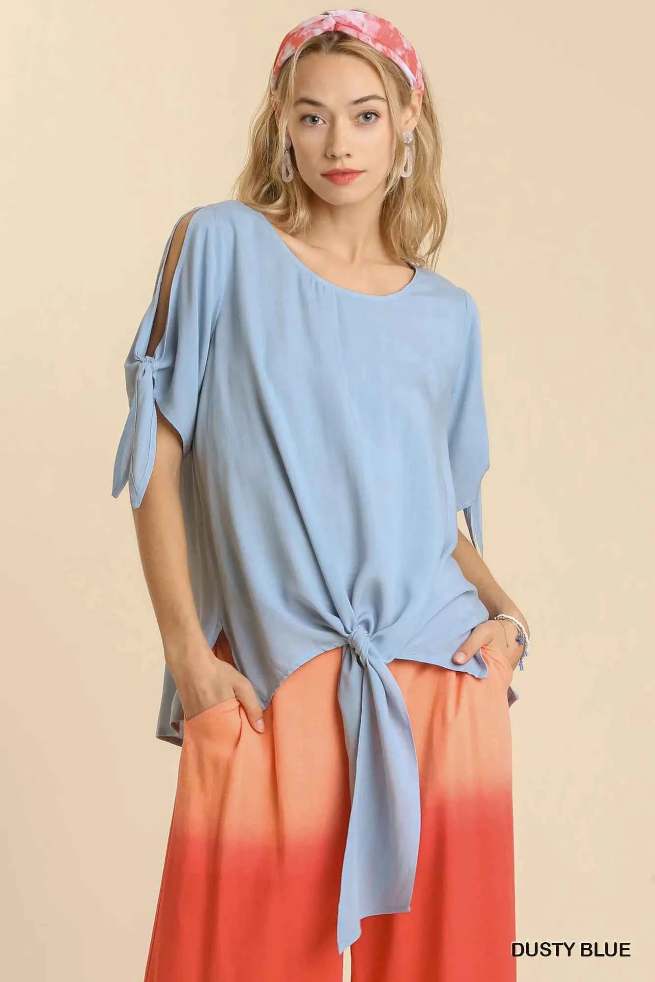 Umgee Cold Shoulder Short Sleeve Round Neck Top with Side Slits and Tie-able Knot Details DUSTY BLUE 423b882b-0887-43ff-a56c-f92239222b60-Max-Origin