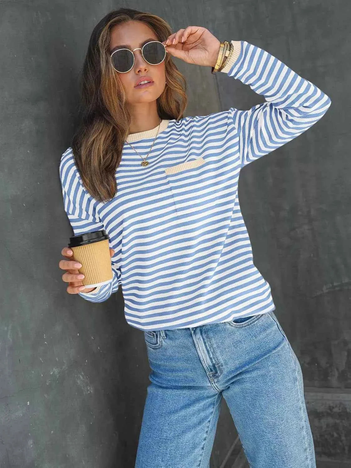 Striped Long Sleeve Sweater with Contrast Ribbed Trim Blue Tan 42d8ad1d-f32f-4810-948f-2cc9a31c00ca-Max-Origin