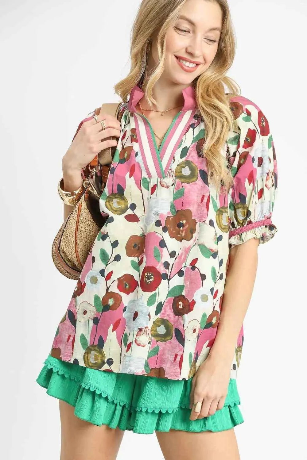 Umgee Floral Print Puff Sleeve Oversized Blouse Blush Pink 430dc998-bac4-45ac-a121-9e5c1bcec716-Max-Origin