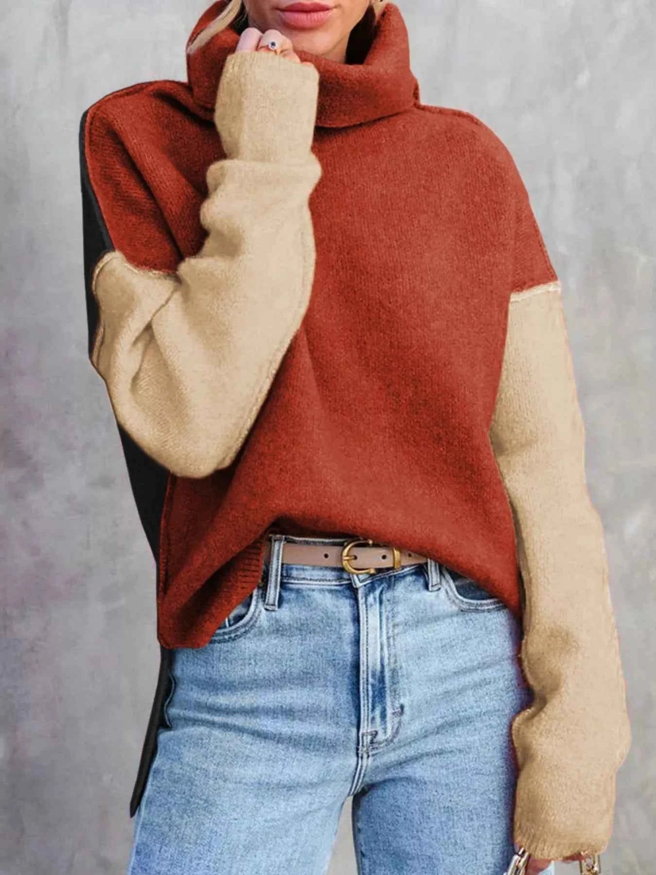 Color Block Turtleneck Drop Shoulder Knit Sweater 43ab33b6-137b-459e-afb8-cf6c21ed6e54-Max-Origin