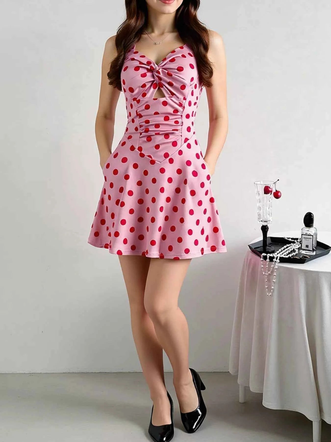 Polka Dot Halter Neck Twisted Front Mini Dress Pink 43d988bf6f364140a01b5ffcf726d322-Max-Origin