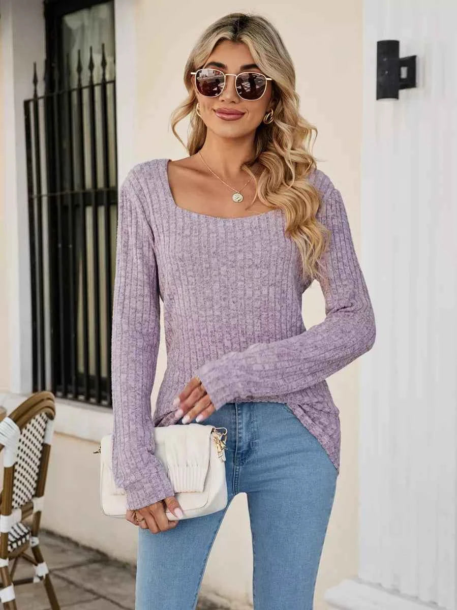 Ribbed Square Neck Long Sleeve T-Shirt 440ca7b8-f5ba-44f0-bf63-660abebfffca-Max-Origin