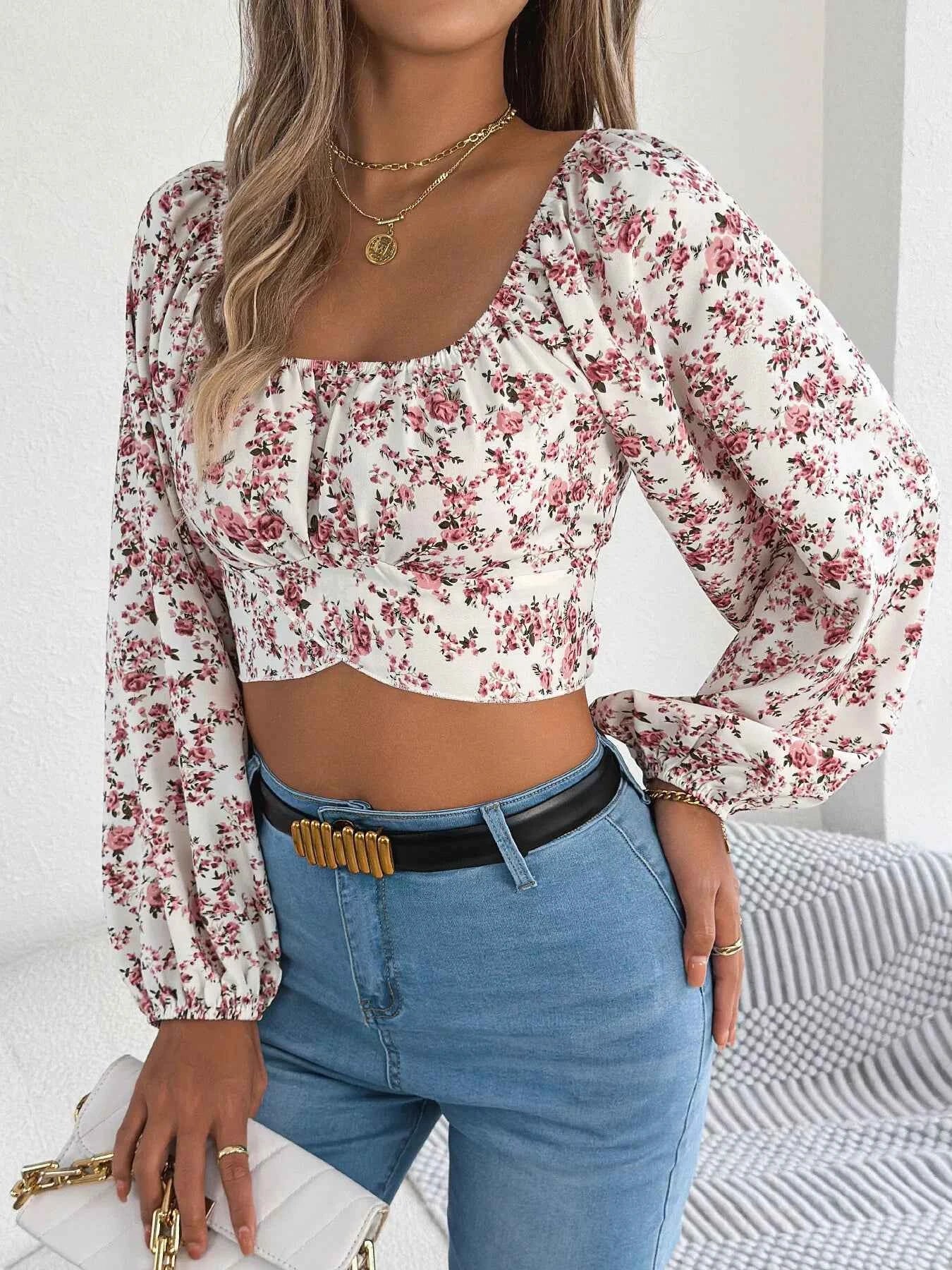 Floral Balloon Sleeve Square Neck Crop Blouse White 4442159245e94961af22567d8f08a2a3-Max-Origin