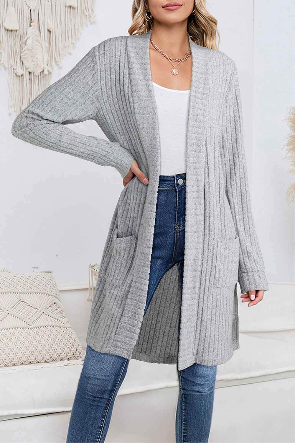 Gray Ribbed Knit Open Front Tunic Cardigan with Pockets Gray 65%Viscose+30%Polyester+5%Elastane 4572bd50ed021880
