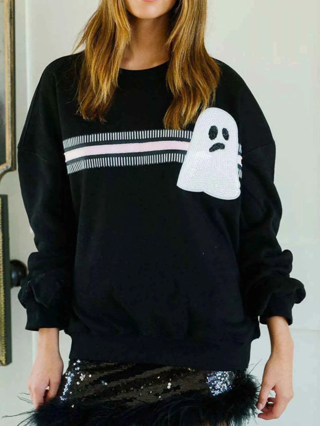 Halloween Sequin Round Neck Sweatshirt Black Ghost Strip 46bf23e1-cf6c-4c06-8ca2-fc0150782f7f-Max-Origin