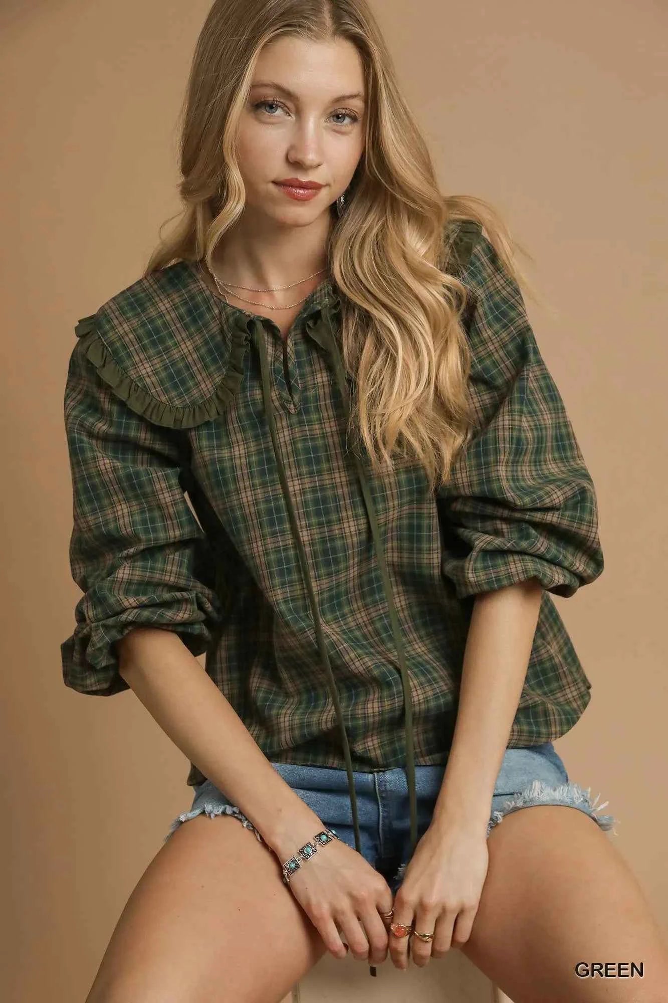 Umgee Full Size Plaid Ruffle Collar Blouse Plus Size Green 47069aaf-b1f8-47b1-bbb8-6003f4f4f2d1-Max-Origin