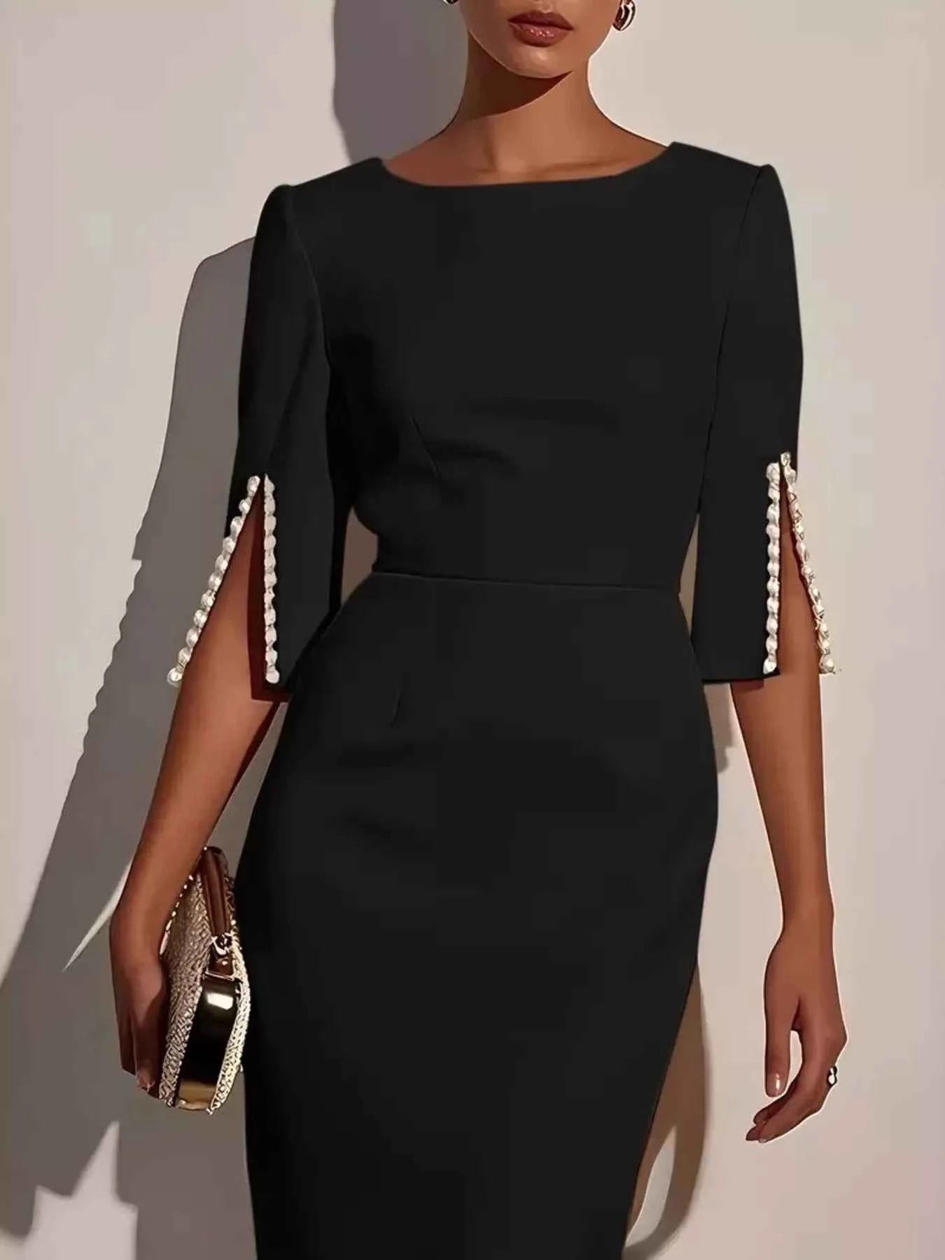 Slim-Fit Elegant Midi Dress with Beaded Slit Sleeve 47f4b8e3c829436aa2d0dde56e496360-Max-Origin