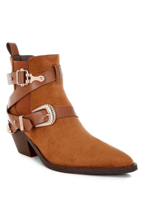 Raveta Microfiber Buckle Strap Western Boots Tan 4801e003-d51b-430a-987c-2fcea96d917f