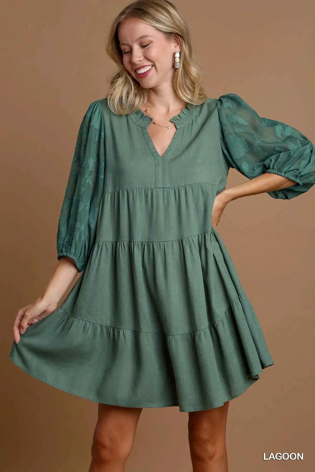 Umgee Floral Contrast Sleeve Tiered Dress LAGOON 48640a64-fe9d-435e-a0c3-c141fdf7ea99-Max-Origin