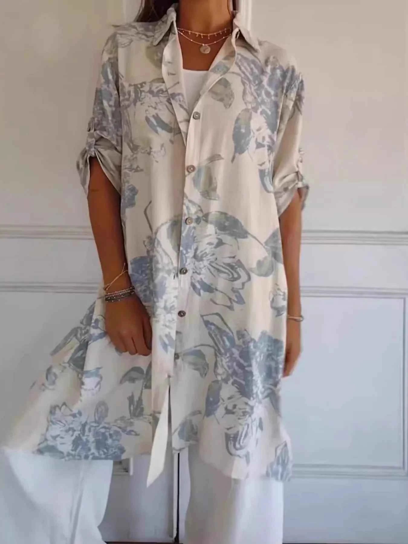 Full Size Floral Print Button-Up Shirt Dress Plus Size White 486ac44536434e118d178abdd73aaf7a-Max-Origin