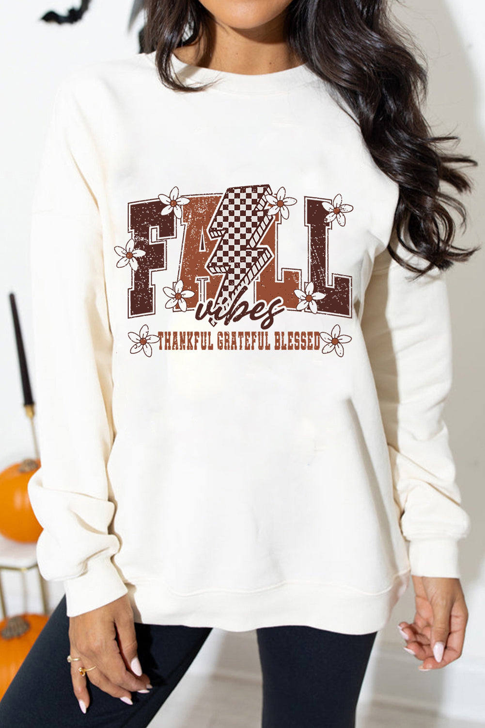 White FALL THANKFUL GRATEFUL BLESSED Heat Transfer Printing Graphic Drop Shoulder Sweatshirt 48a15a2d406c9710