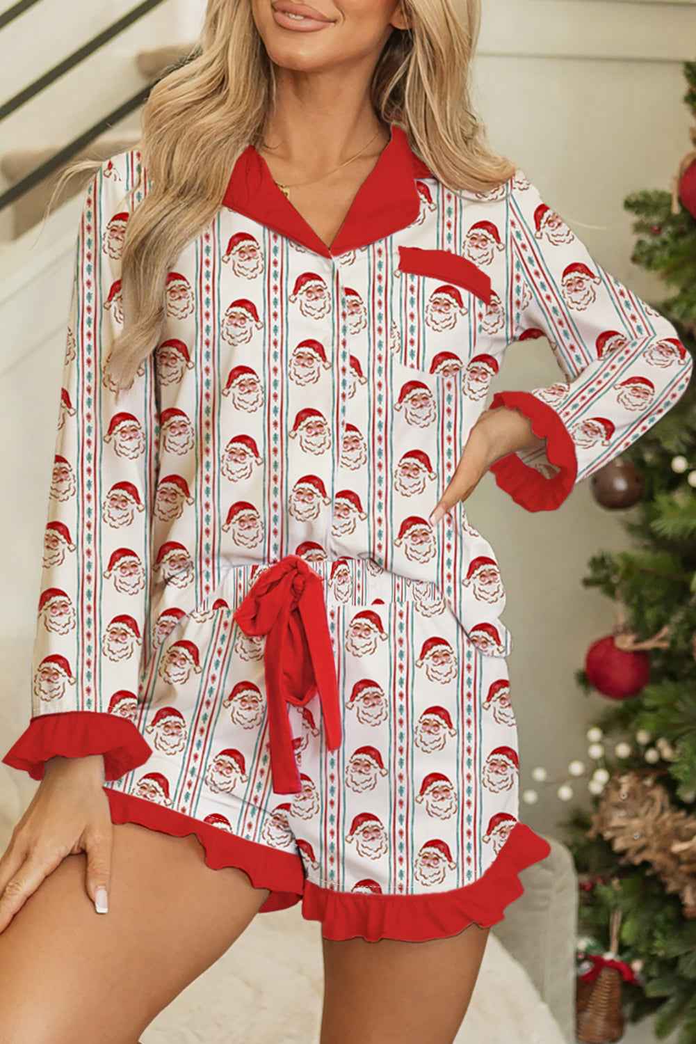 White Christmas Santa Claus Contrast Ruffle Trim Pajama Set