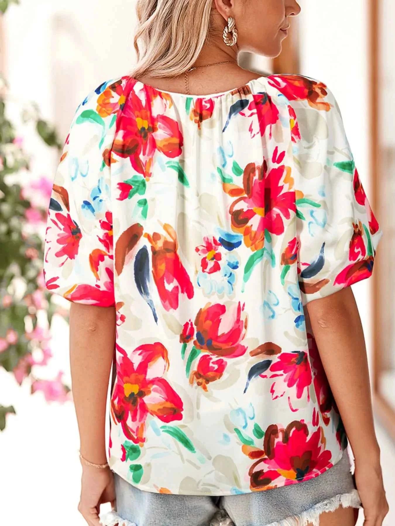 Floral Print Puffy Half Sleeve Blouse 48de625a-2e0c-4836-9f24-2fb0c5143cea-Max-Origin