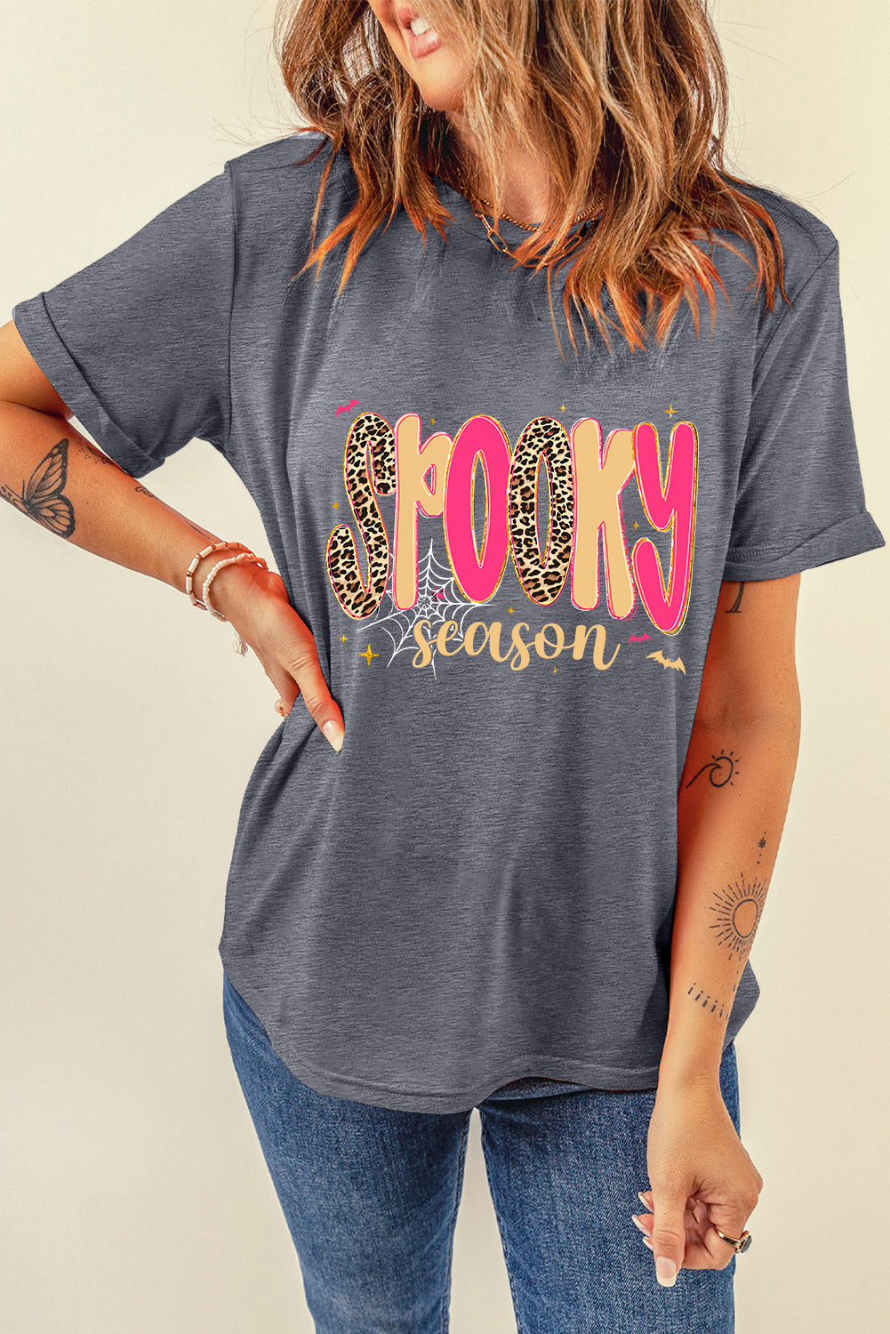 Gray Spooky Season Playful Halloween Heat Transfer Printing Graphic T Shirt Gray 62%Polyester+32%Cotton+6%Elastane 49b1292c5c8bd37f