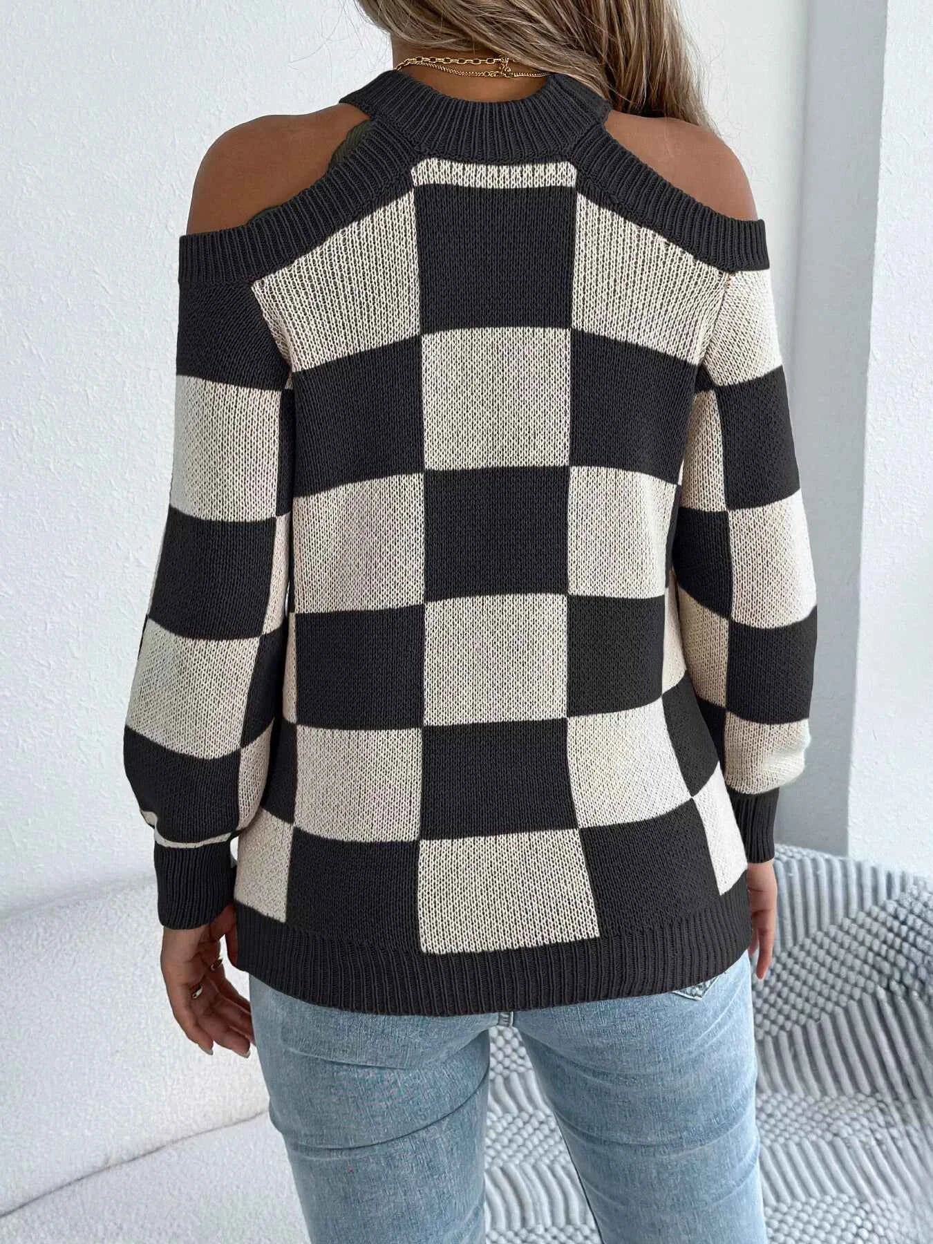 Cold Shoulder Checkered Long Sleeve Sweater 49c63e0c440f426da83570a4ddffd671-Max-Origin