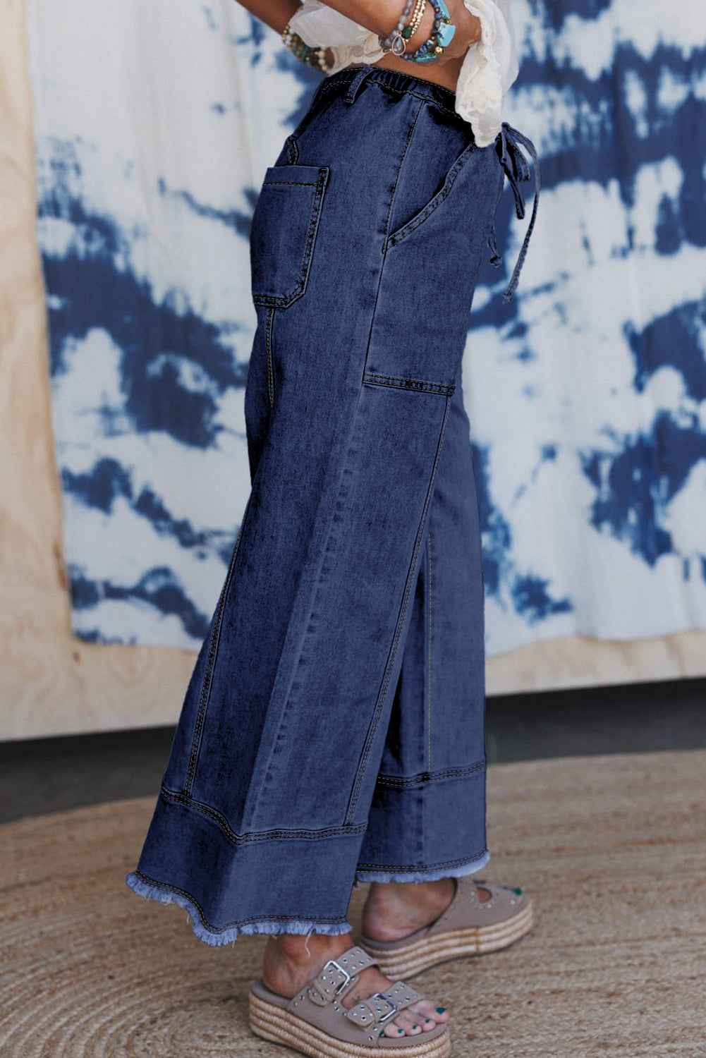 Beau Blue Drawstring Seam Detail Raw Hem Wide Leg Jeans 4a0a7d7b2681157e