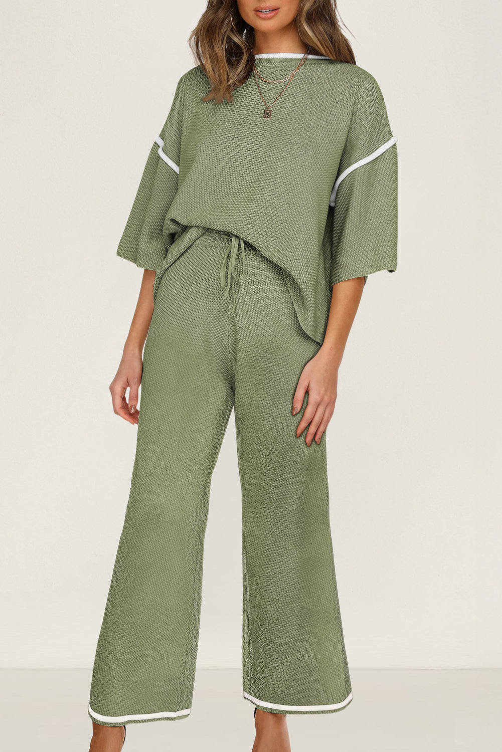 Black Loose Contrast Trim Half Sleeve Top and Drawstring Pants Set 4a1902b20611de62