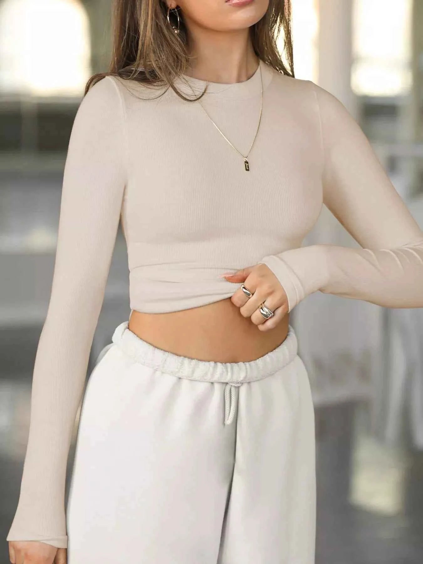 Long Sleeve Crop T-Shirt with Ribbed Texture Apricot 4a4df195-baf2-437f-95b1-b883deeb90a9-Max-Origin