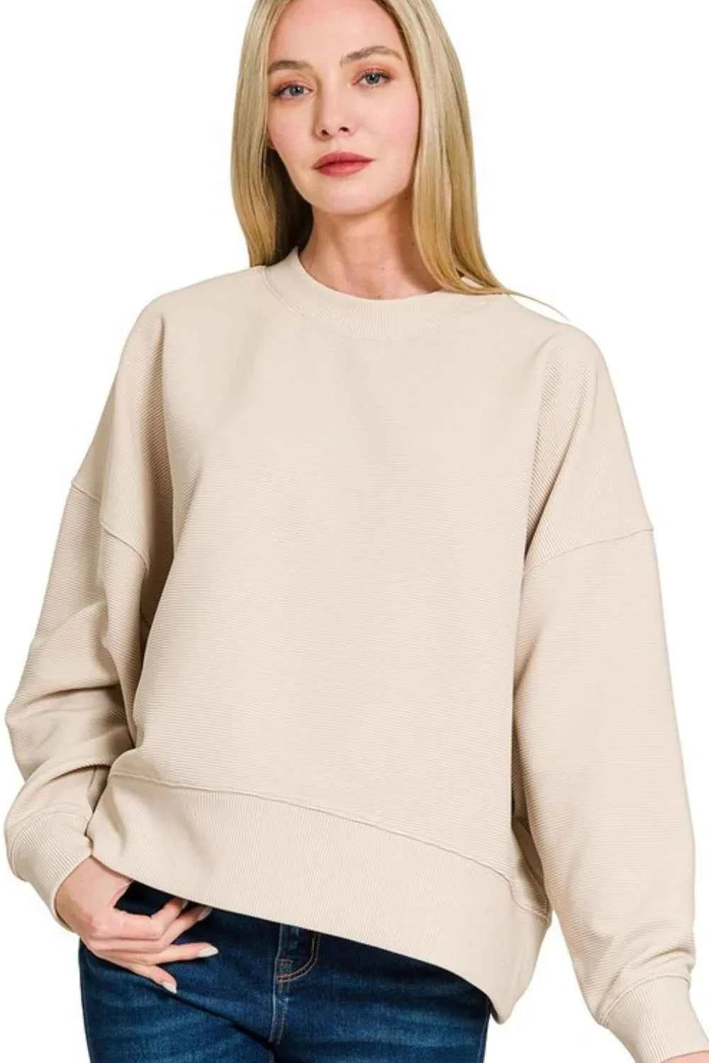 Zenana Ribbed Balloon Sleeve Sweatshirt SAND BEIGE 4a519569-b9d7-4841-9edf-d418bad1681c-Max-Origin
