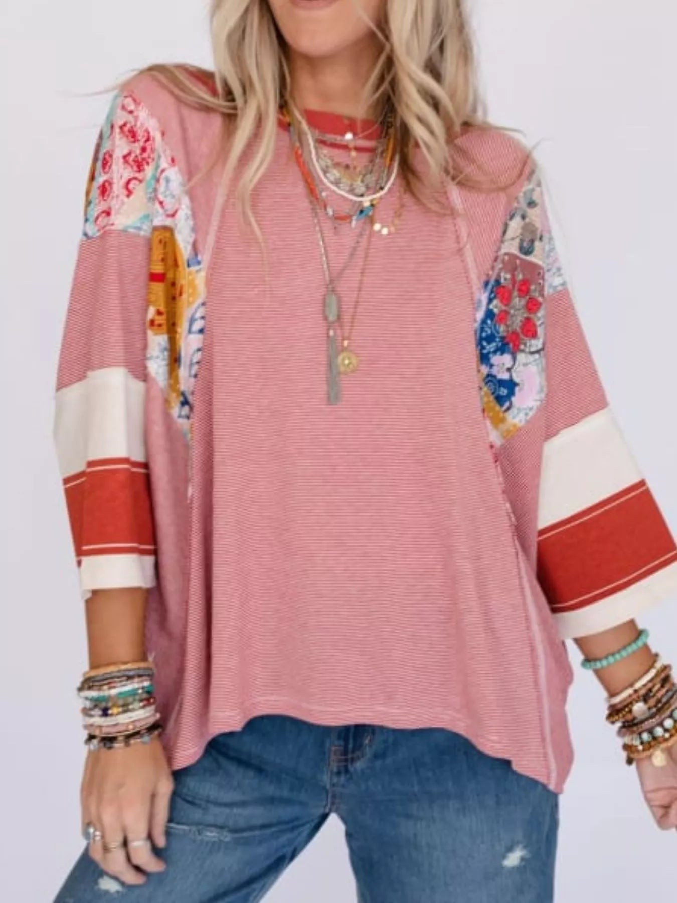 Striped Floral Long Sleeve T-Shirt Peach Color 4a611cb2-fde4-449b-abce-5aef55805b16-Max-Origin