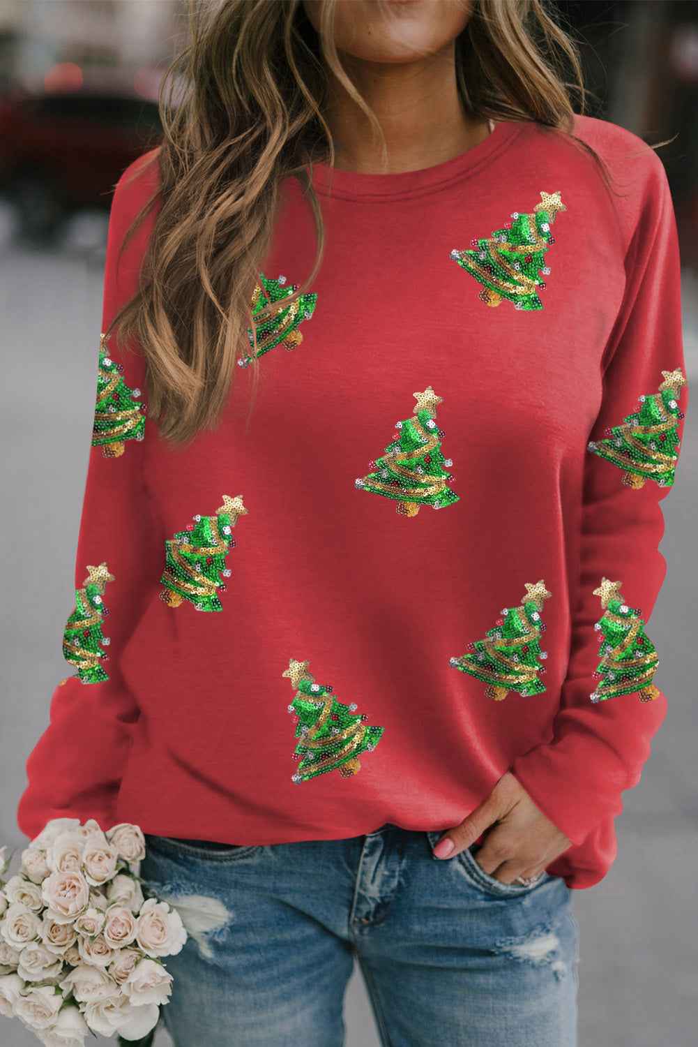 Red Christmas Tree Graphic Sequins Patch Raglan Sleeve Graphic Sweatshirt Red 85%Polyester+10%Cotton+5%Elastane 4abdcb6fb13b4a92