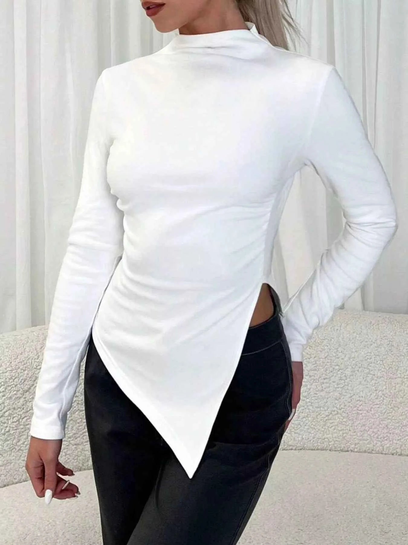 Asymmetrical Hem Mock Neck Top White 4ac1f0d9-9d47-4db8-9fc4-5d7e03fda112-Max-Origin